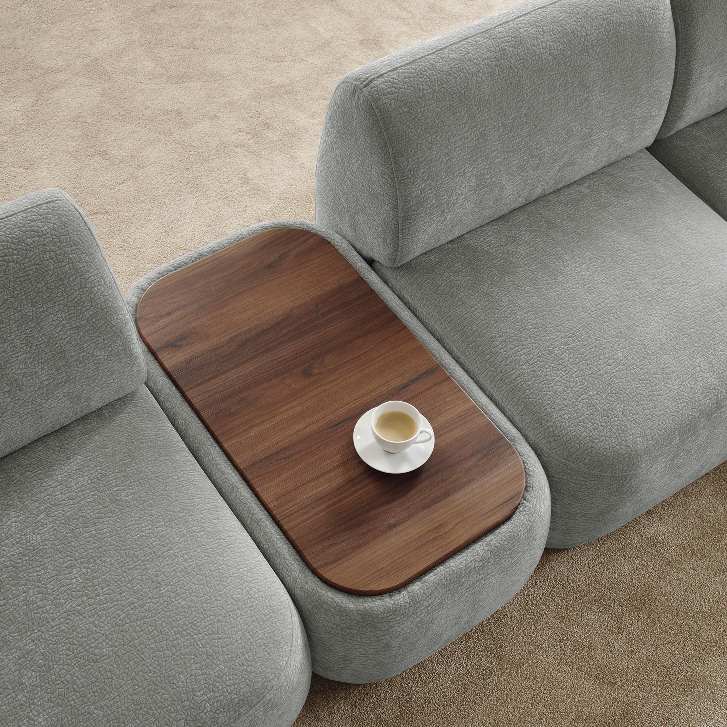Modulares rechteckiges Hocker mit Tischplatte Bommo in grauem Chenille