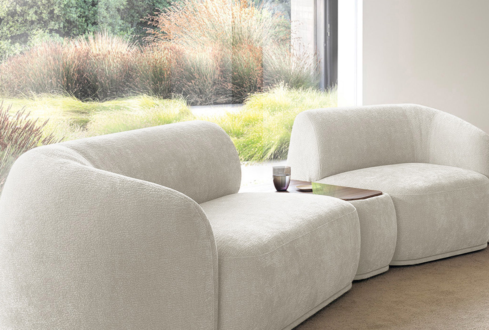 Modulares rechteckiges Pouf mit Platte Bommo, cremefarbenes Chenille