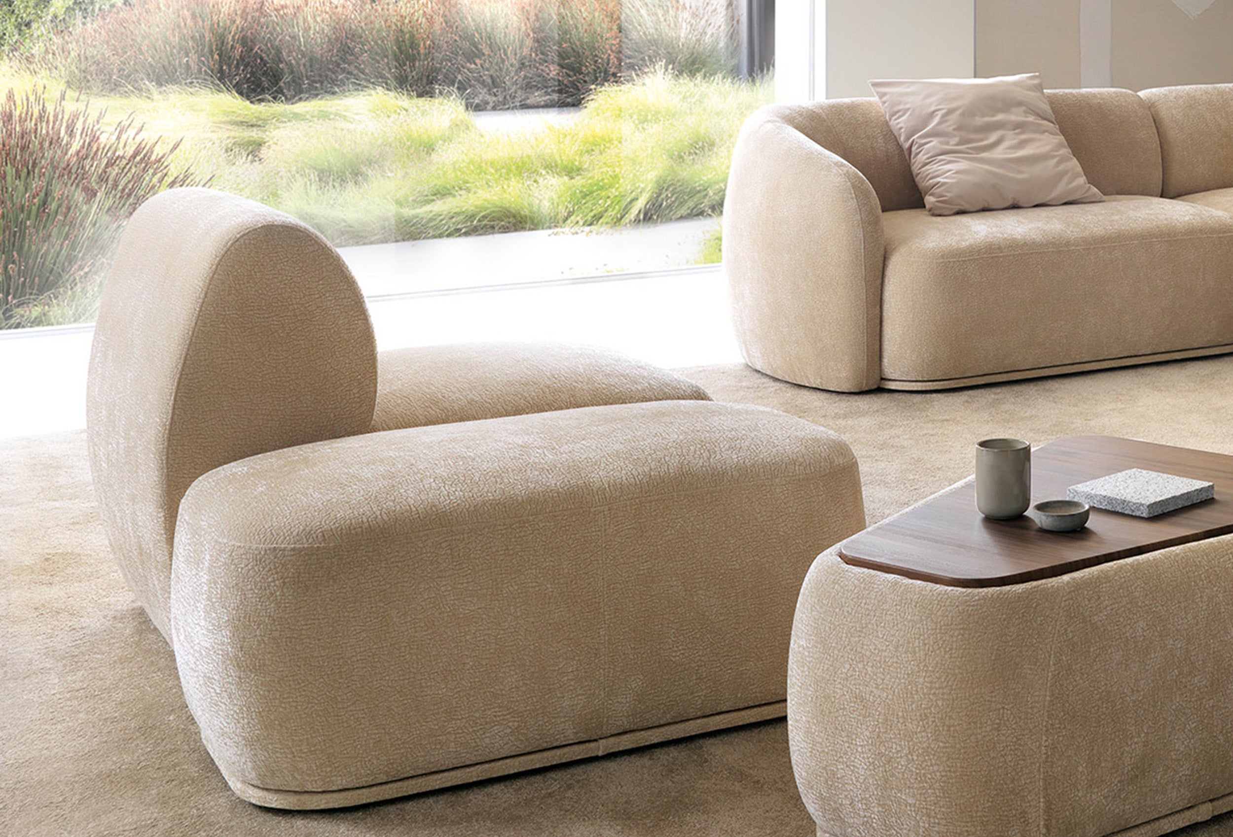 Modulares rechteckiges Hocker-Pouf Bommo in Beige aus Chenille