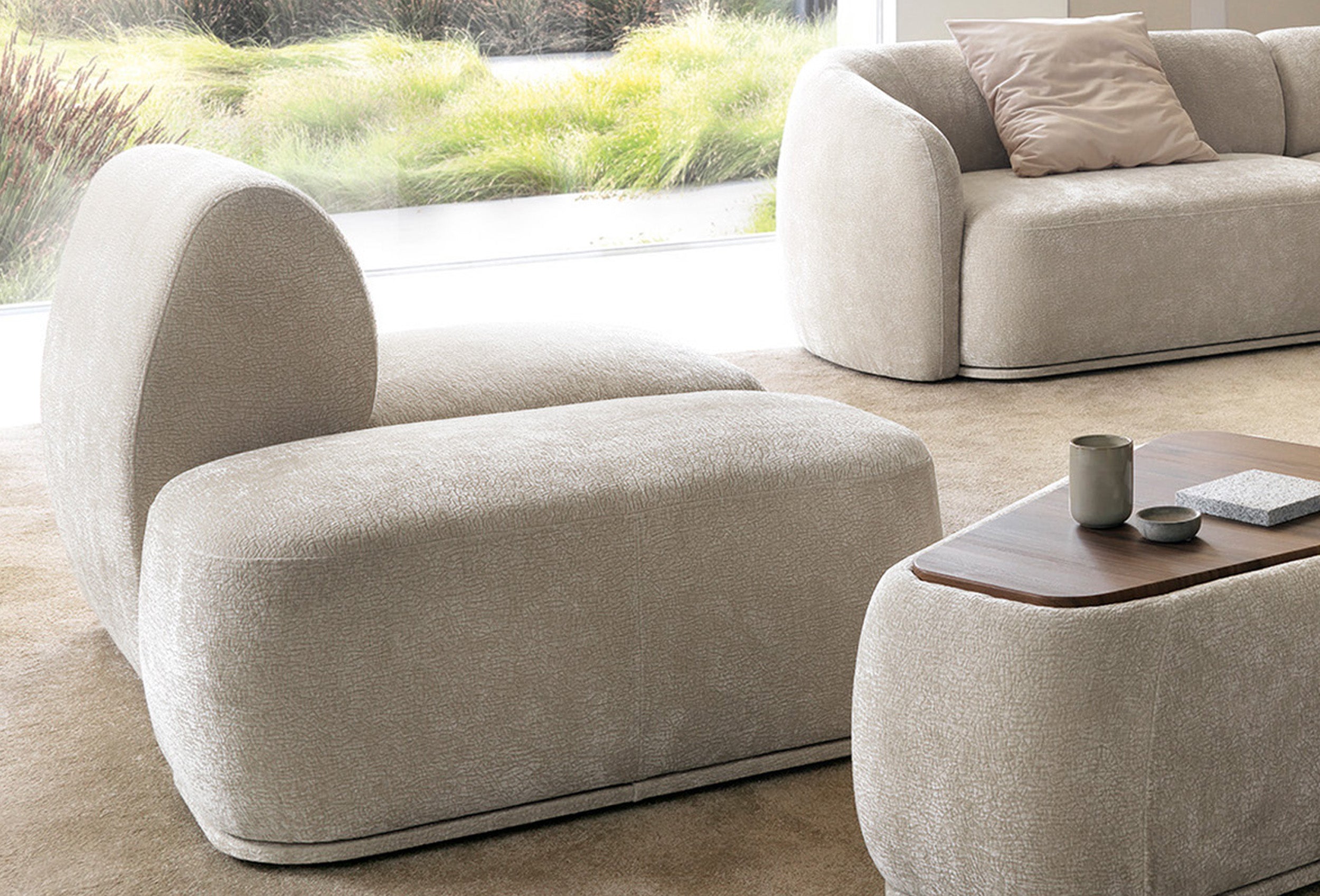 Modulares rechteckiges Hockerpouf Bommo in grau-beigem Chenille