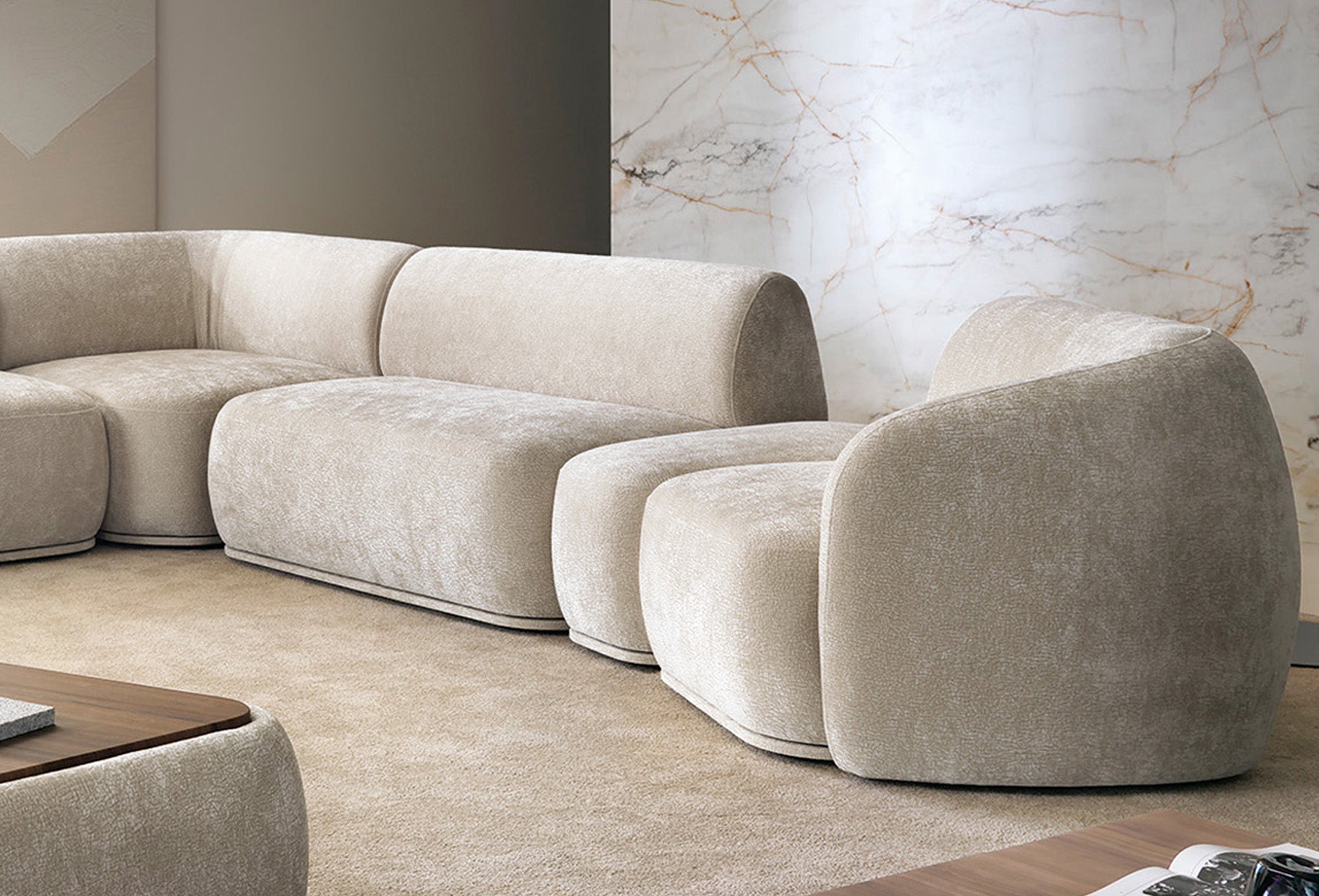 Modulares dreieckiges Hocker-Pouf Bommo in grau-beige Chenille