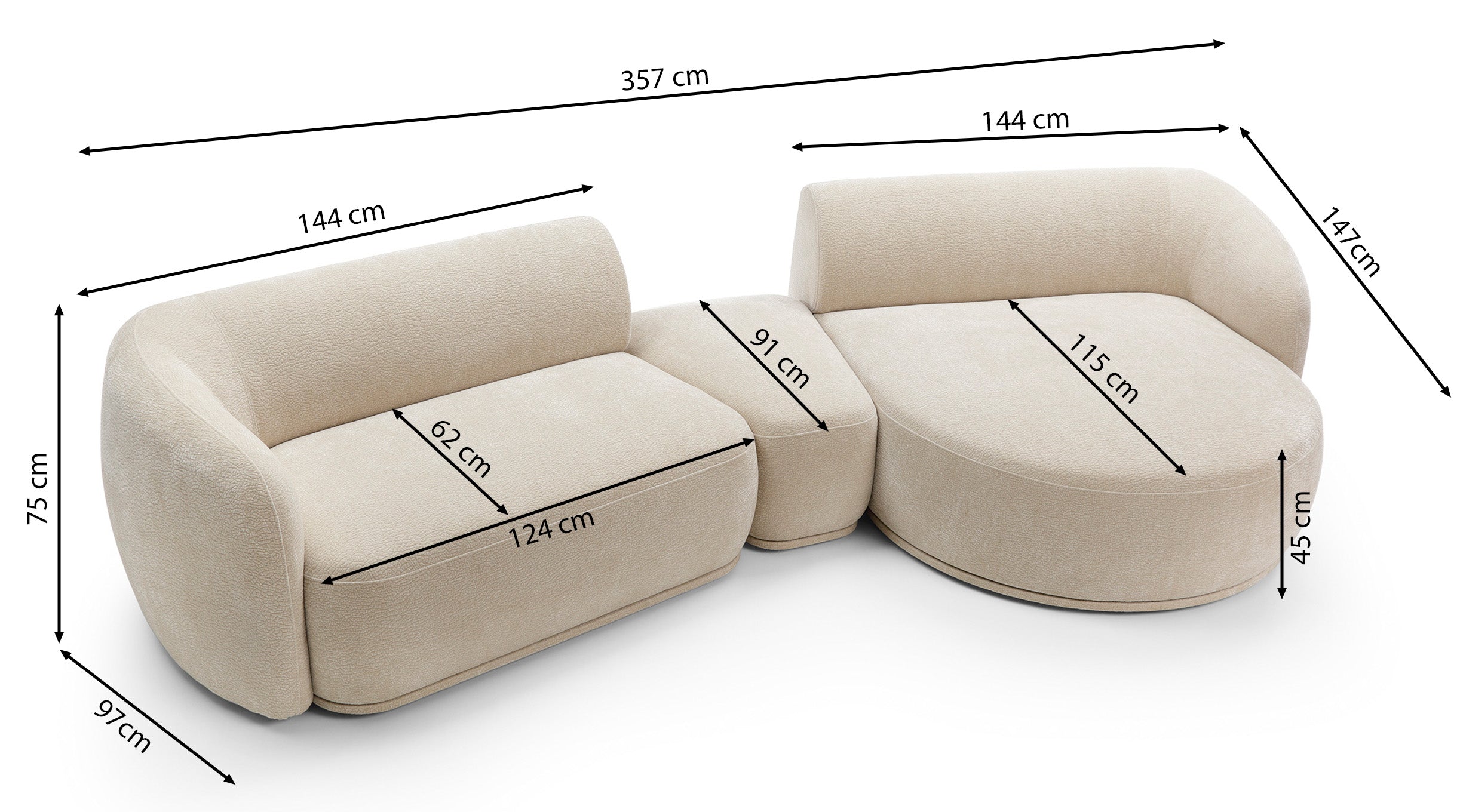 Modulares Ecksofa Bommo L-förmig mit Hocker, linksseitig, beige Chenille