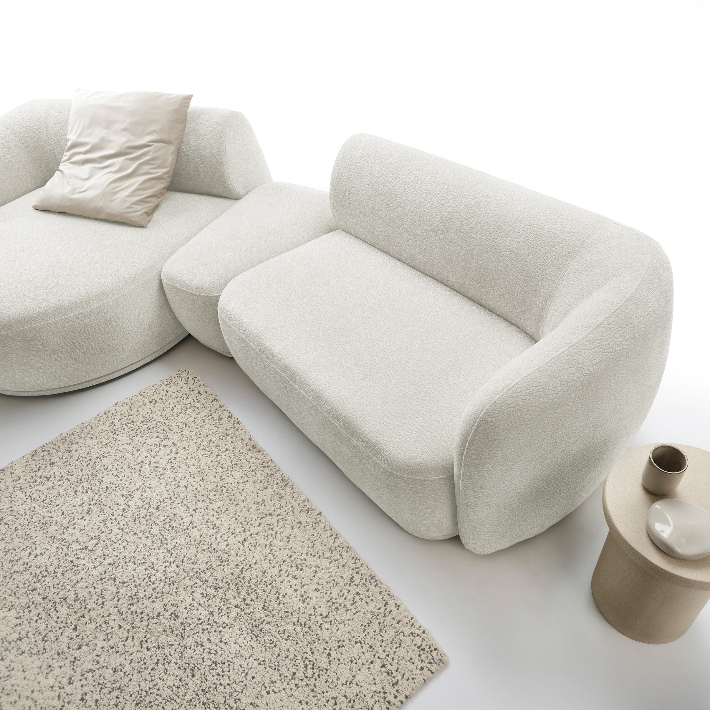 Modulares Ecksofa Bommo L-förmig mit linksseitigem Hocker, cremefarbener Chenillestoff