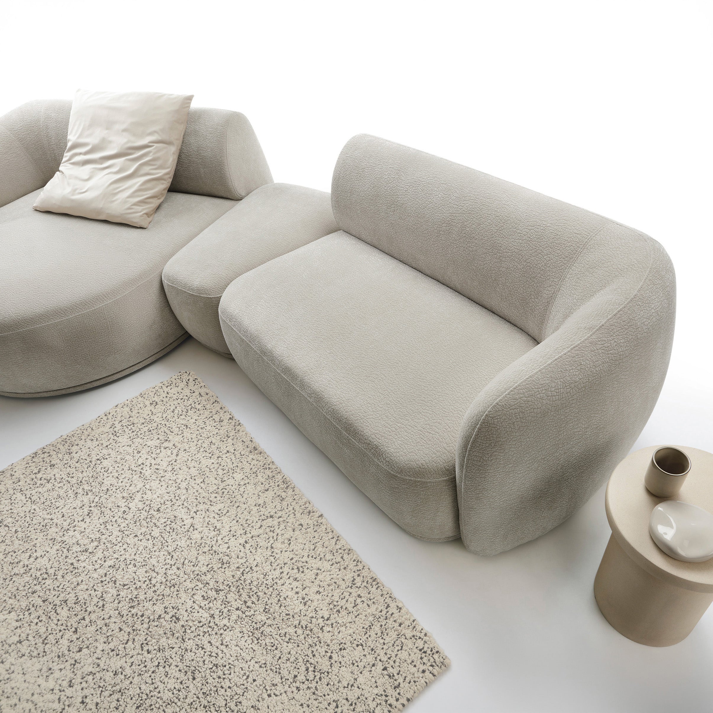 Modulare Eckcouch Bommo in L-Form mit Hocker, linksseitig, grau-beige Chenille