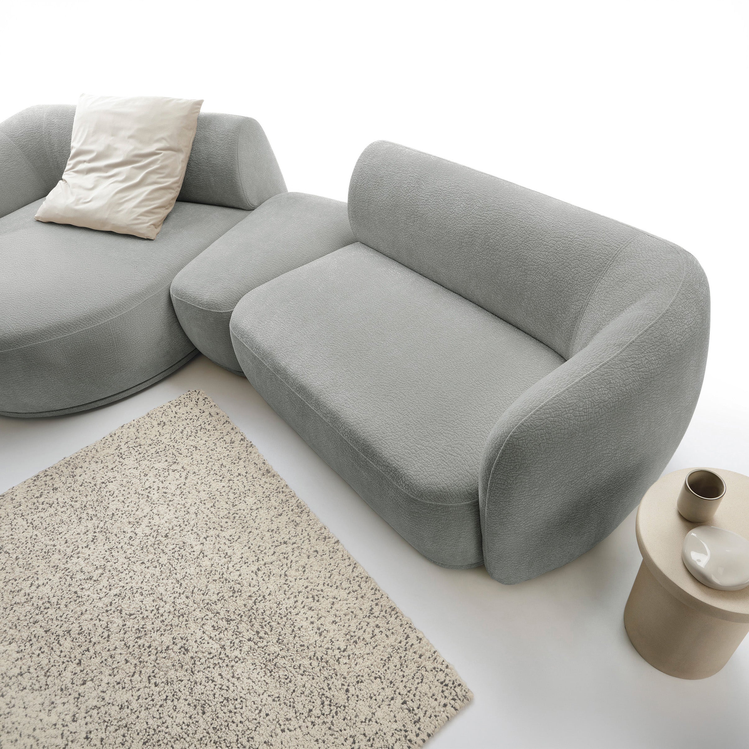 Modulares Ecksofa Bommo L-förmig mit Pouf, linksseitig, grauer Chenille-Stoff