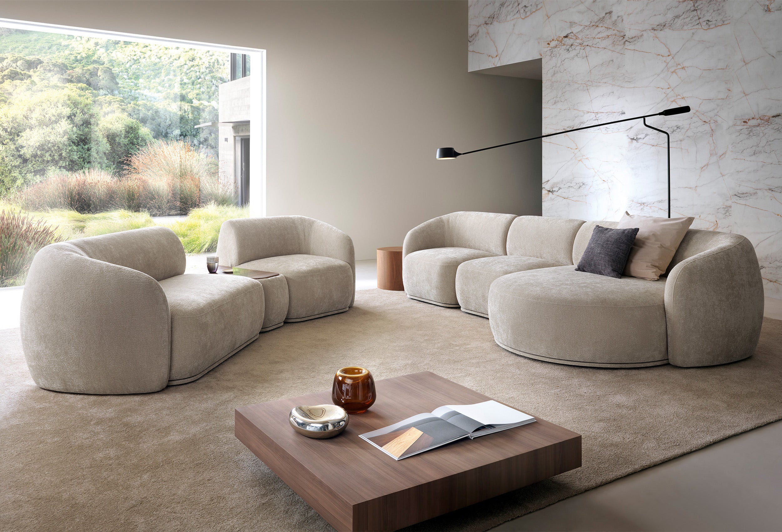 Modulares Ottomanen-Modul Bommo, rechtsseitig, grau-beige Chenille