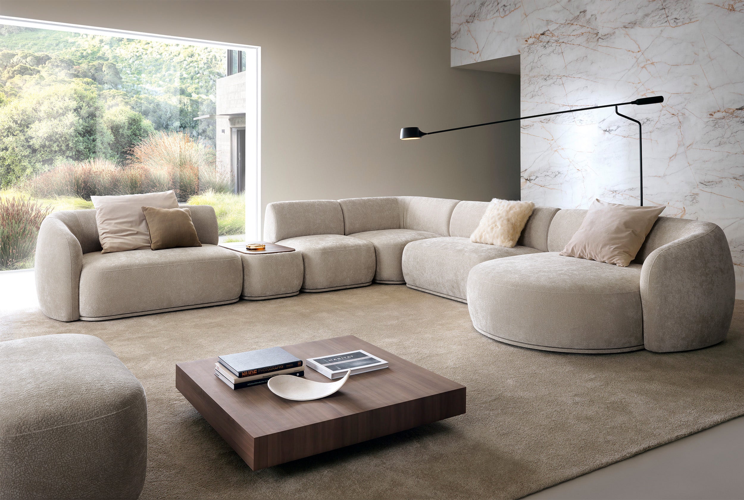 Modulares Ottomanen-Modul Bommo, rechtsseitig, grau-beige Chenille