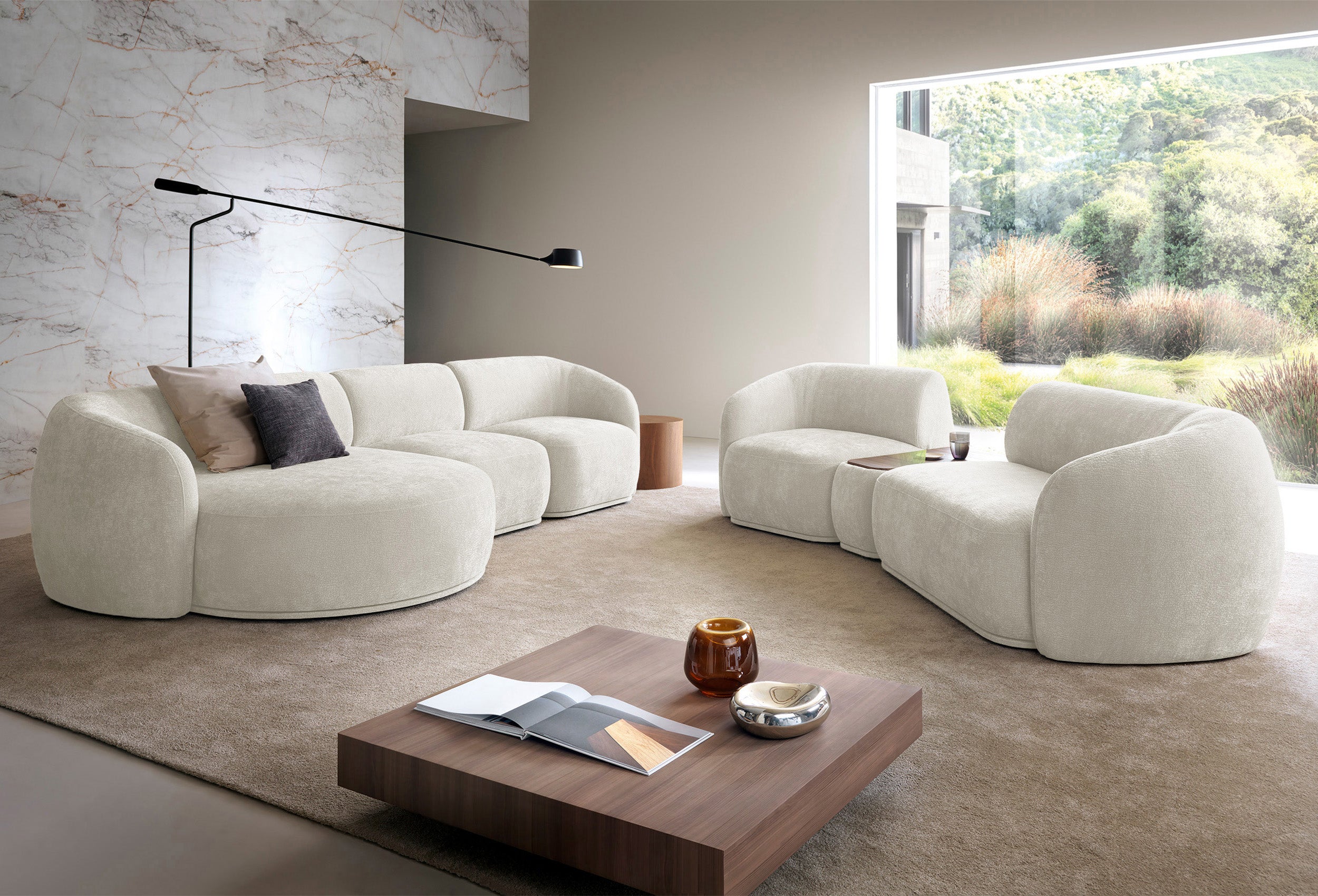 Modulare Ottomane Bommo, linksseitig, cremefarben, Chenille