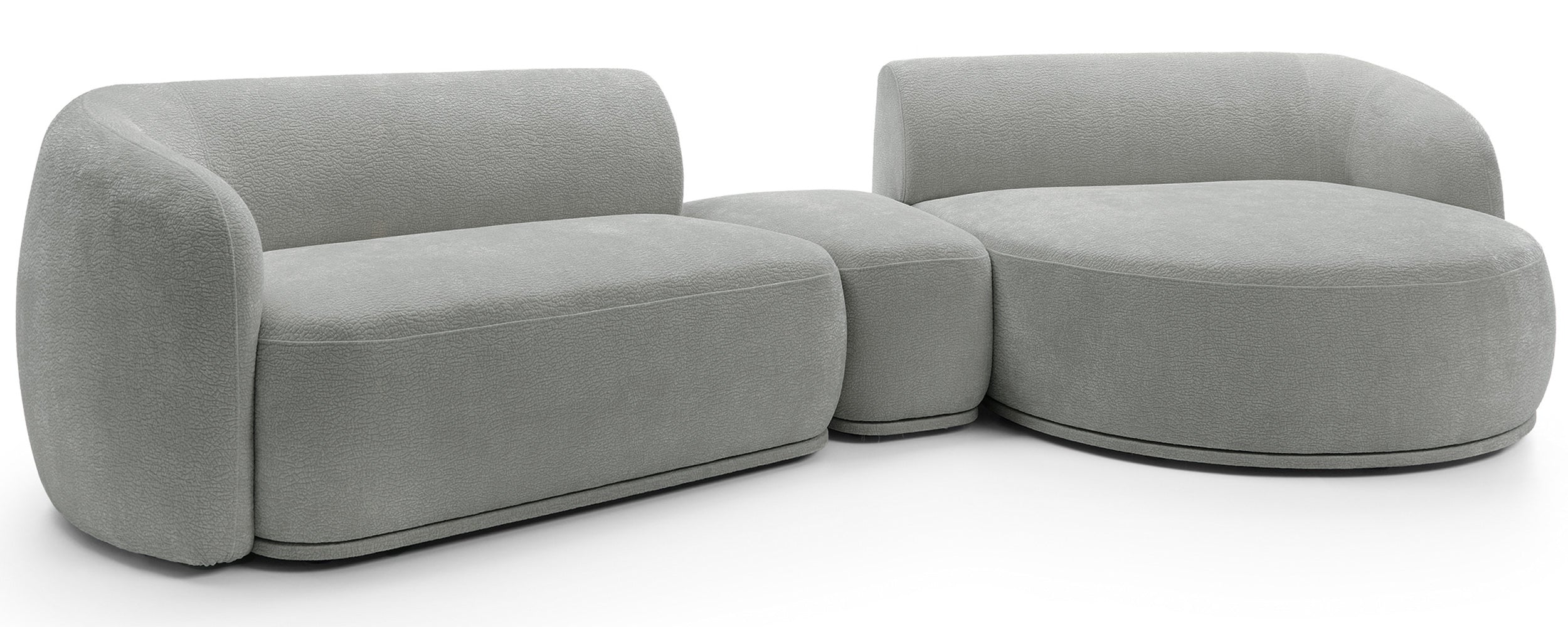Modulares Ecksofa Bommo L-förmig mit Pouf, rechtsseitig, grauer Chenille-Stoff