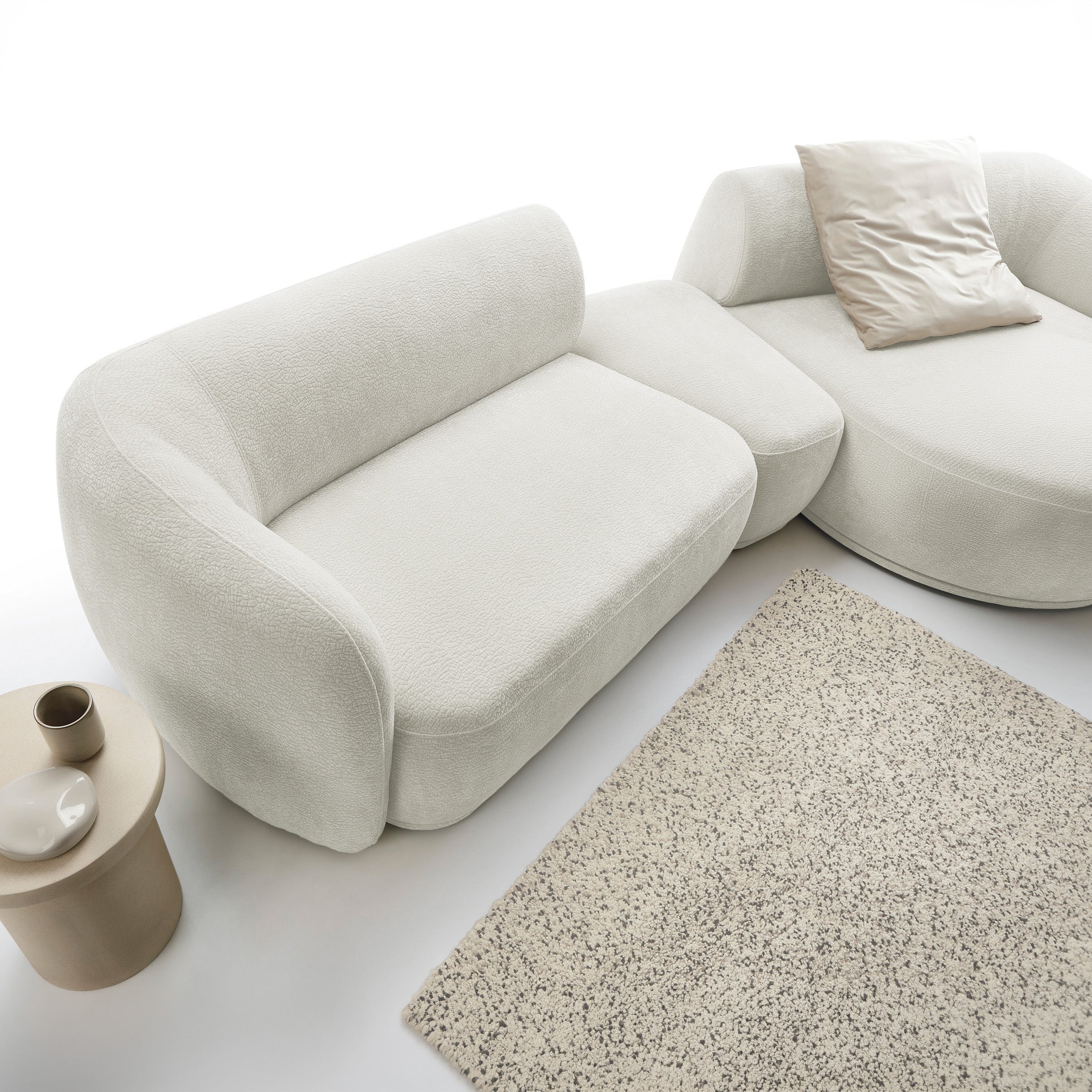 Modulares Ecksofa Bommo L-förmig mit Pouf, rechtsseitig, cremefarbenes Chenille