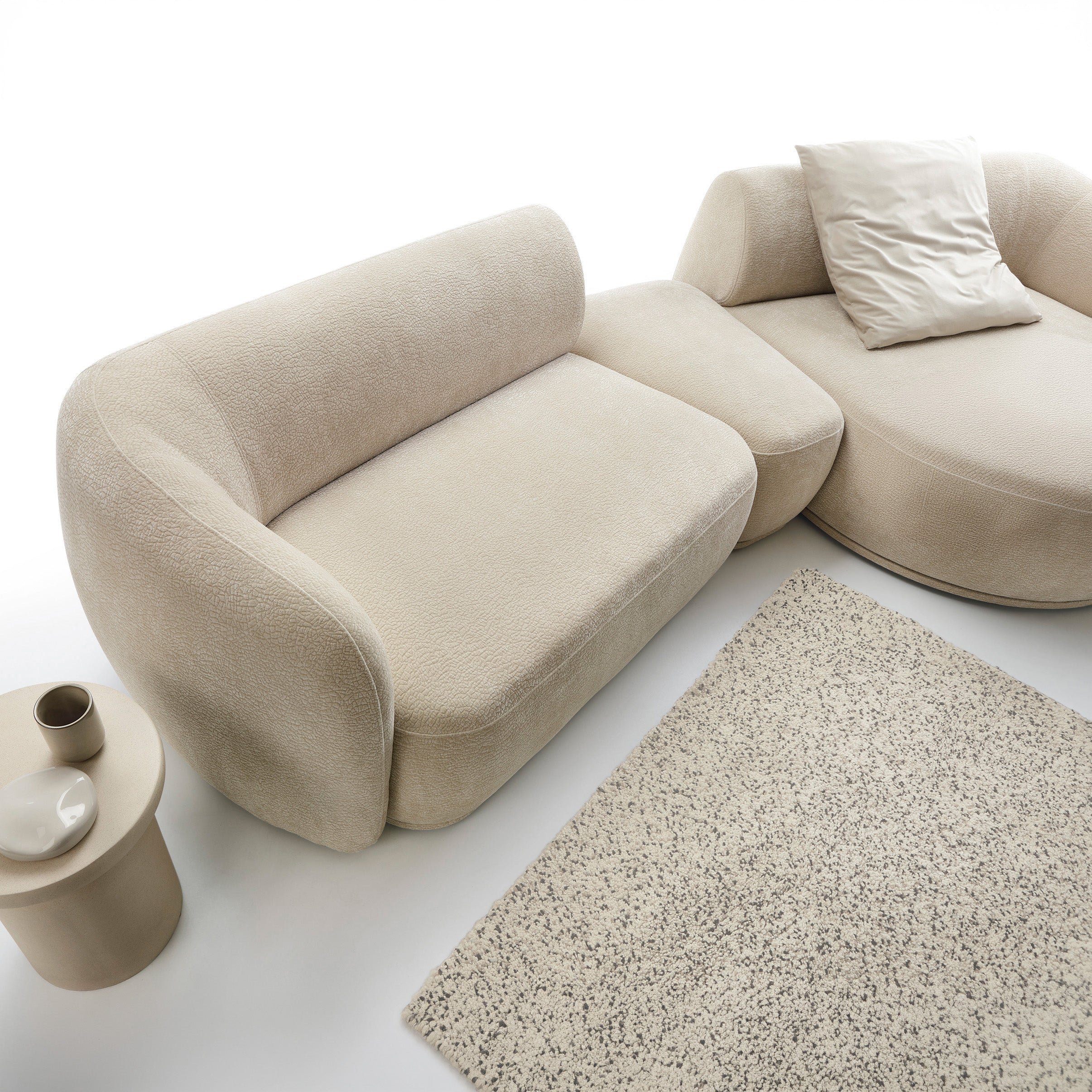 Modulare Eckcouch Bommo L-förmig mit Pouf, rechtsseitig, beige Chenille