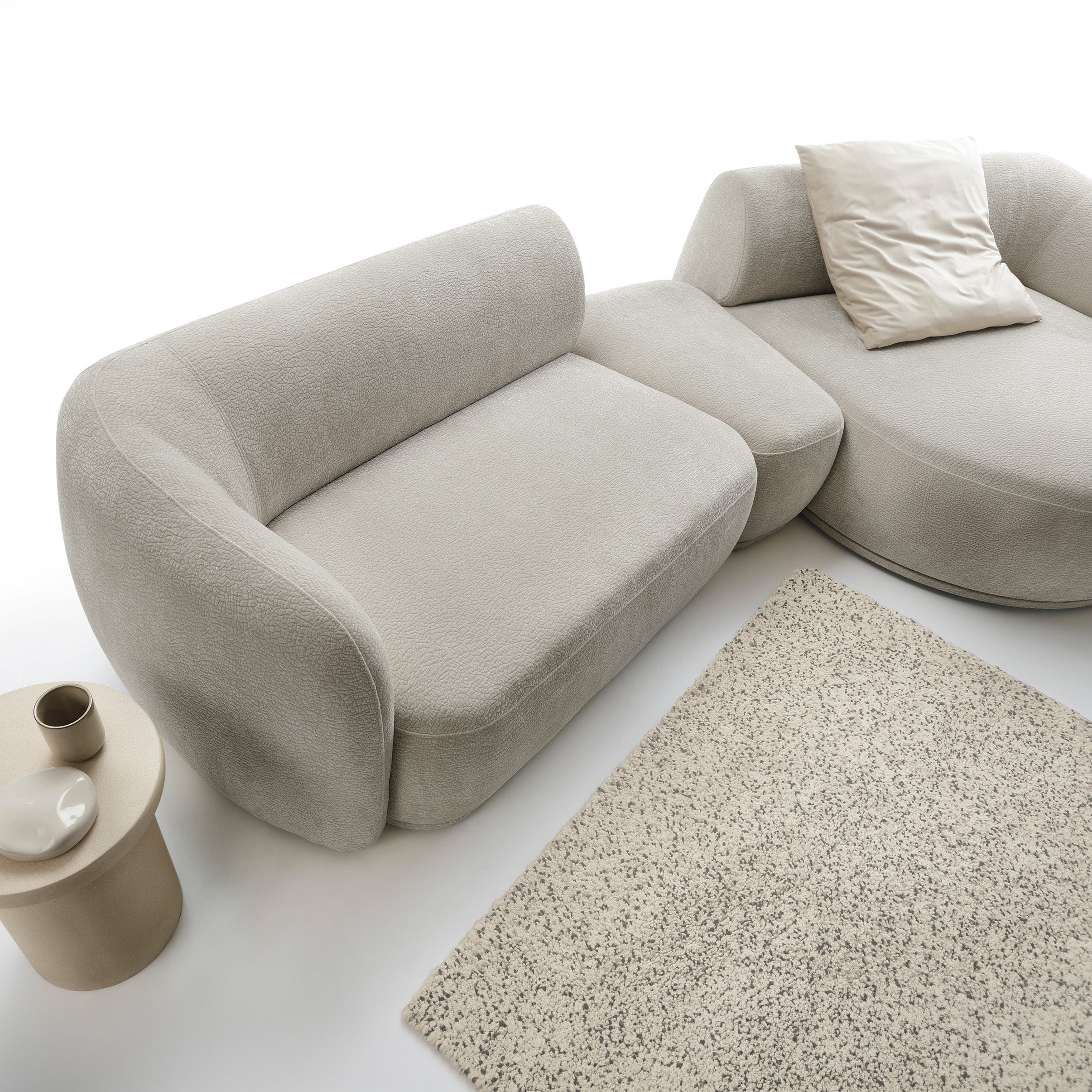 Modulare Eckcouch Bommo, L-förmig mit Hocker, rechtsseitig, grau-beige Chenille