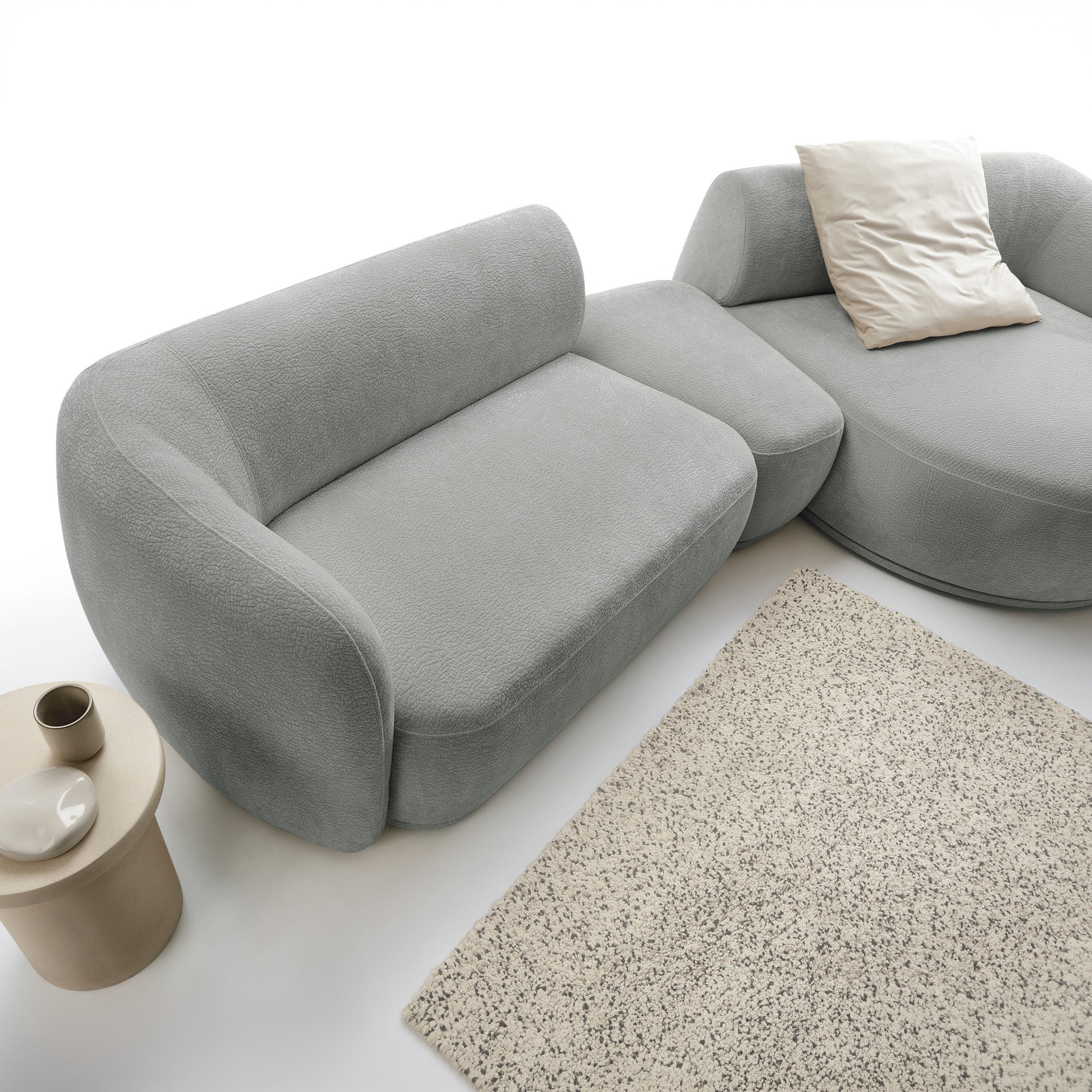 Modulares Ecksofa Bommo L-förmig mit Pouf, rechtsseitig, grauer Chenille-Stoff