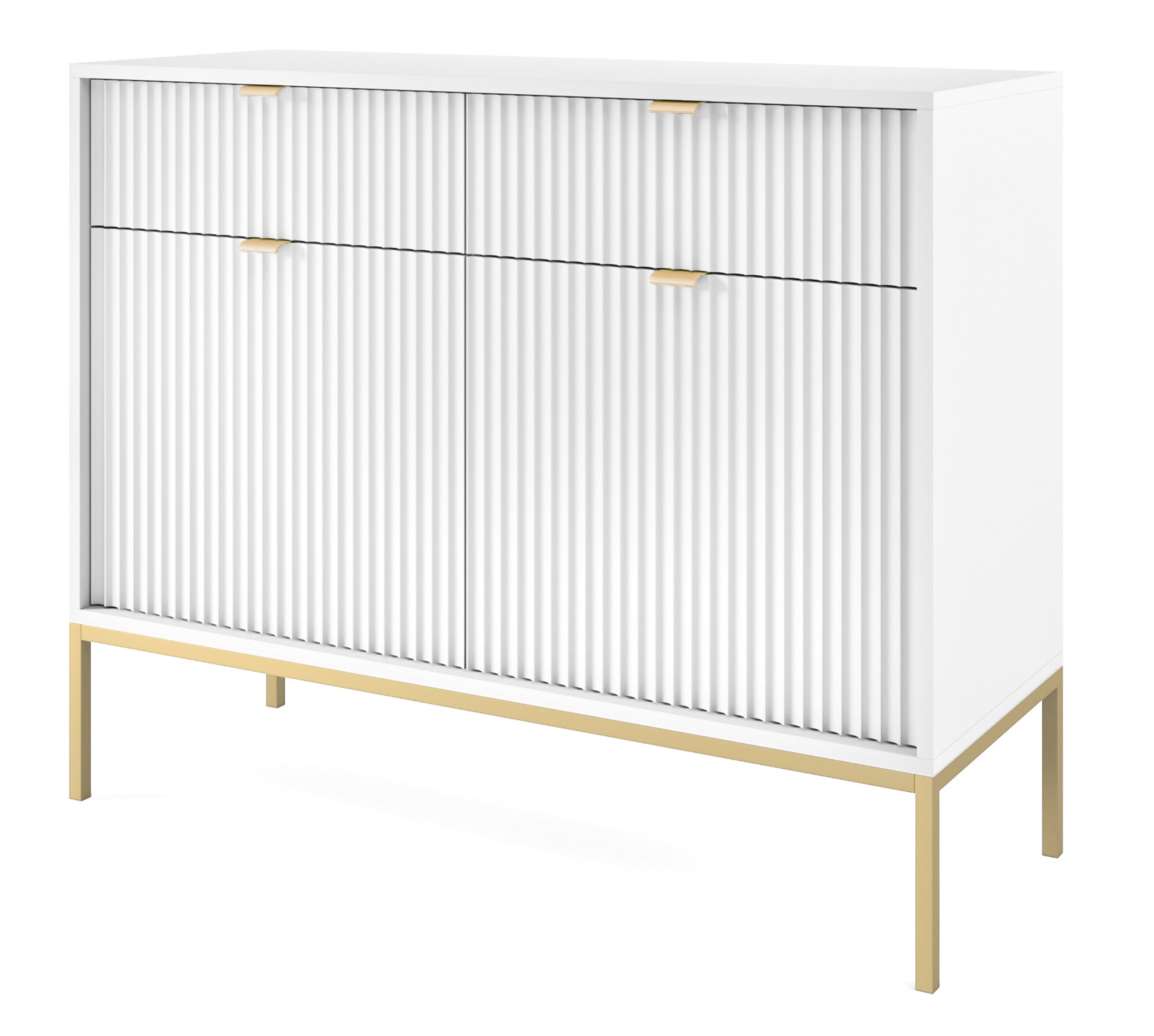 Zweiturige Kommode Vellore 104 cm weiß mit gerillten Fronten und goldenem Gestell