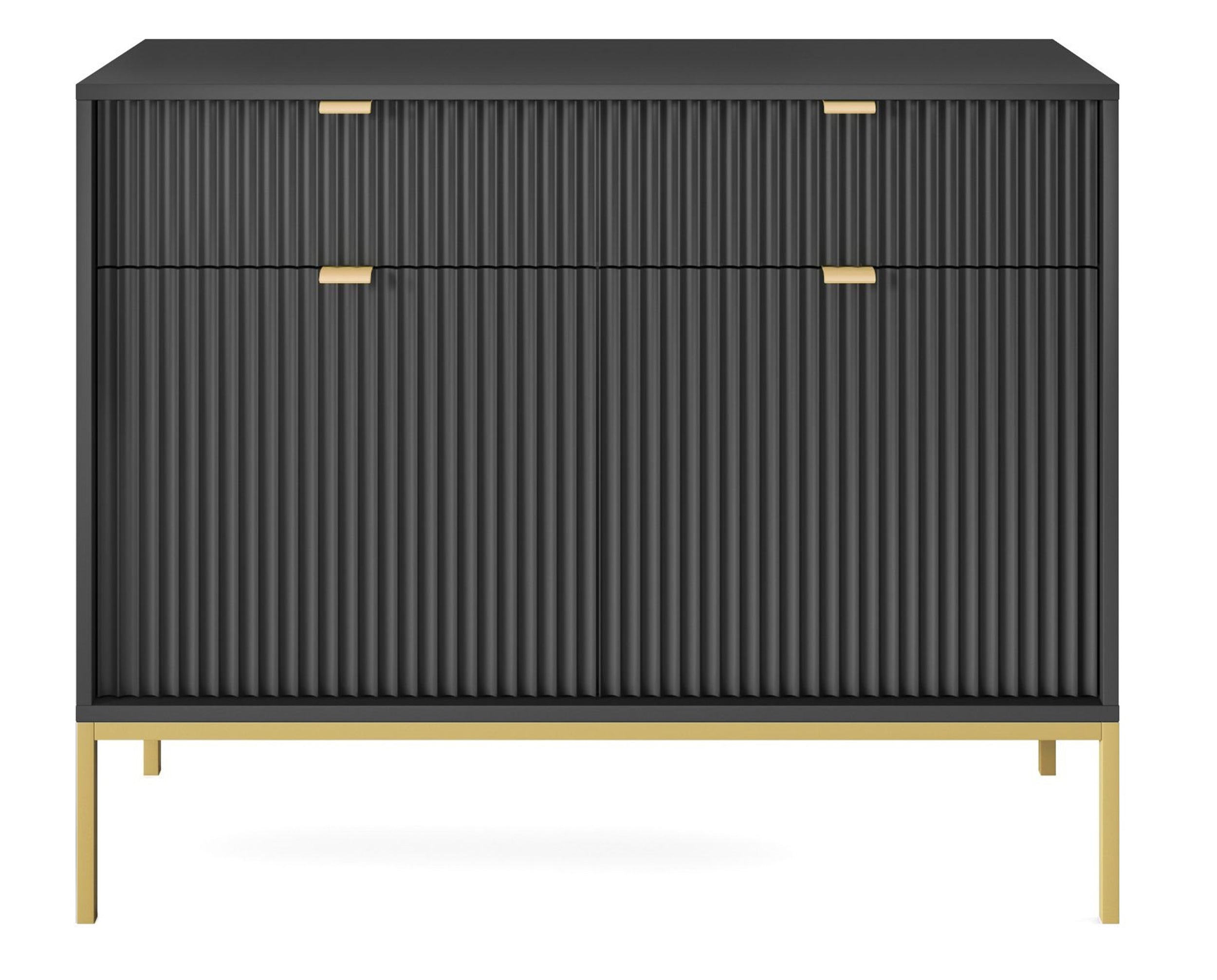 Zweiturige Kommode Vellore 104 cm schwarz mit gerillten Fronten und goldenem Gestell