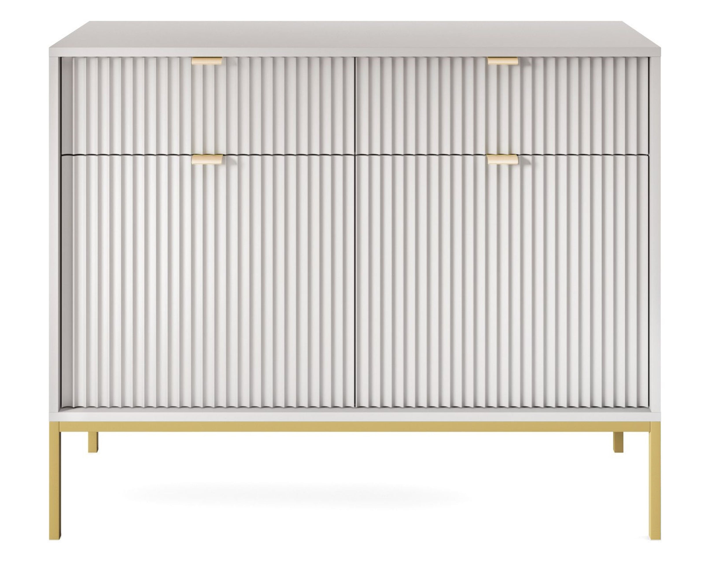 Zweittürige Kommode Vellore 104 cm grau mit gerillten Fronten und goldenem Gestell