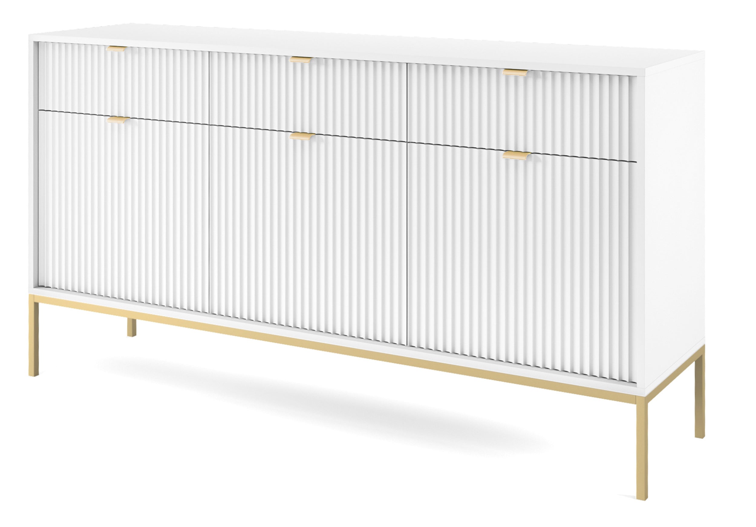 Drehtür-Kommode Vellore 154 cm weiß mit gerillten Fronten und goldenem Gestell