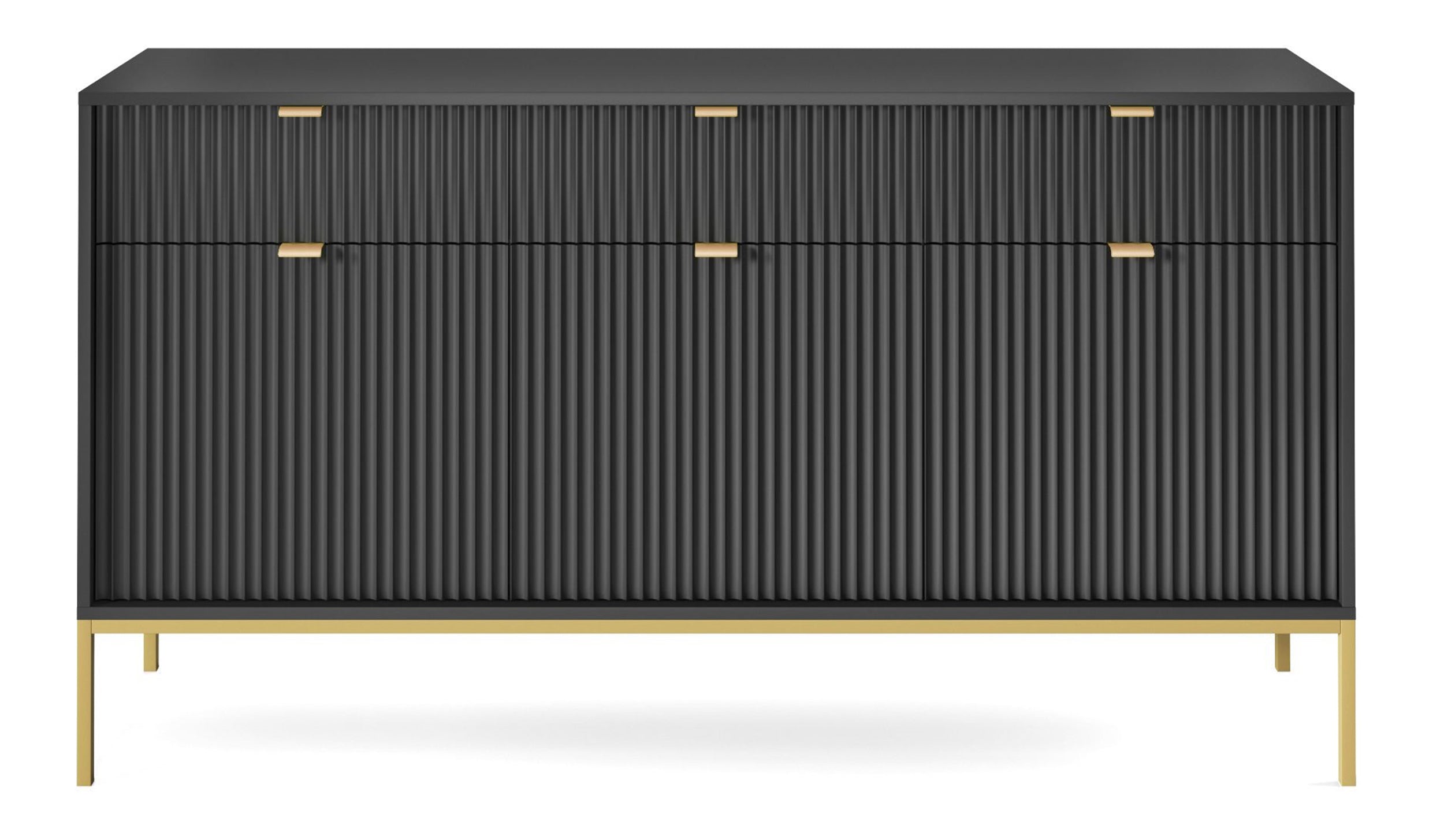 Drehtür-Kommode Vellore 154 cm schwarz mit gerillten Fronten und goldenem Gestell