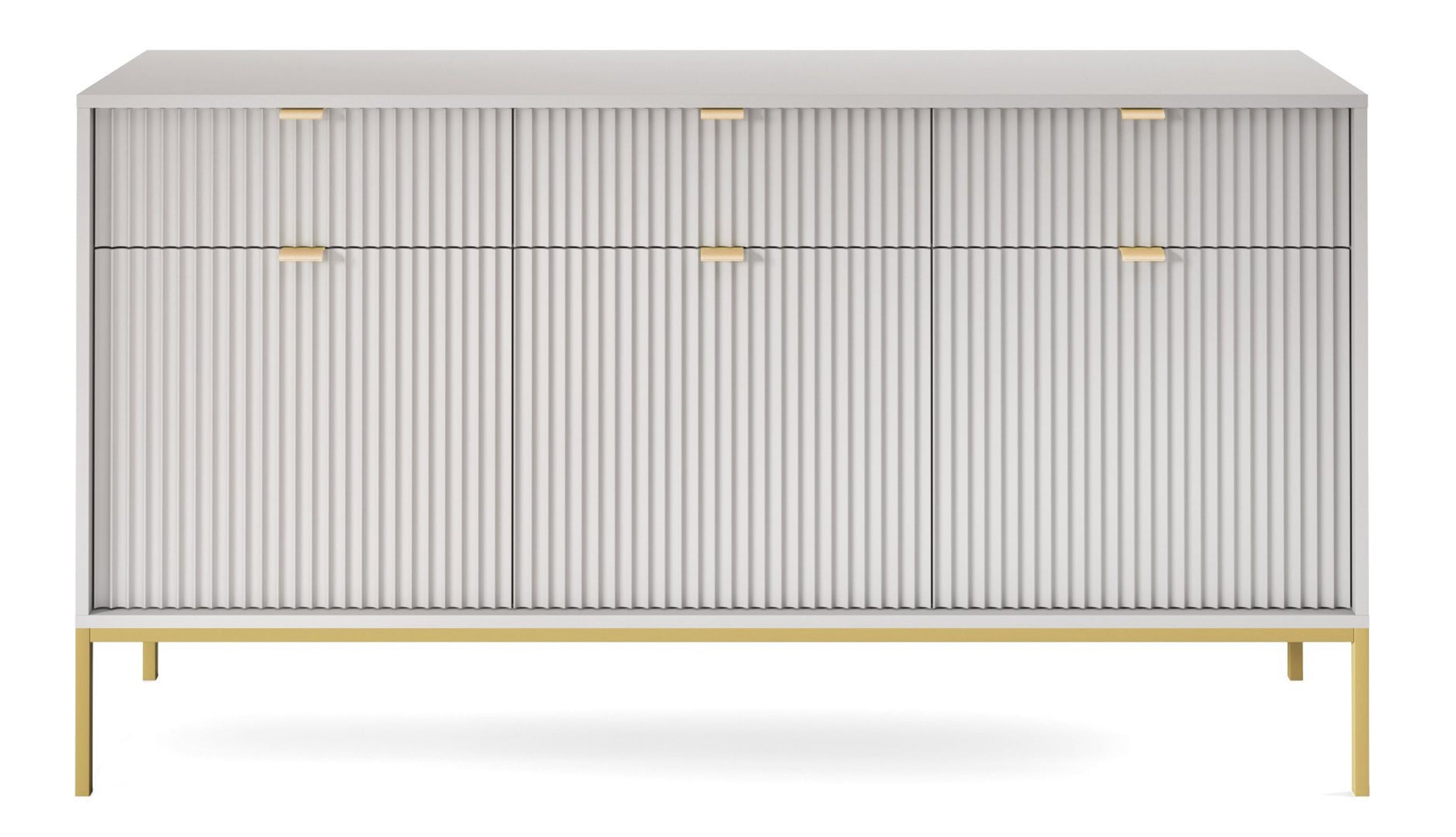 Drehtür-Kommode Vellore 154 cm grau mit gerillten Fronten und goldenem Gestell