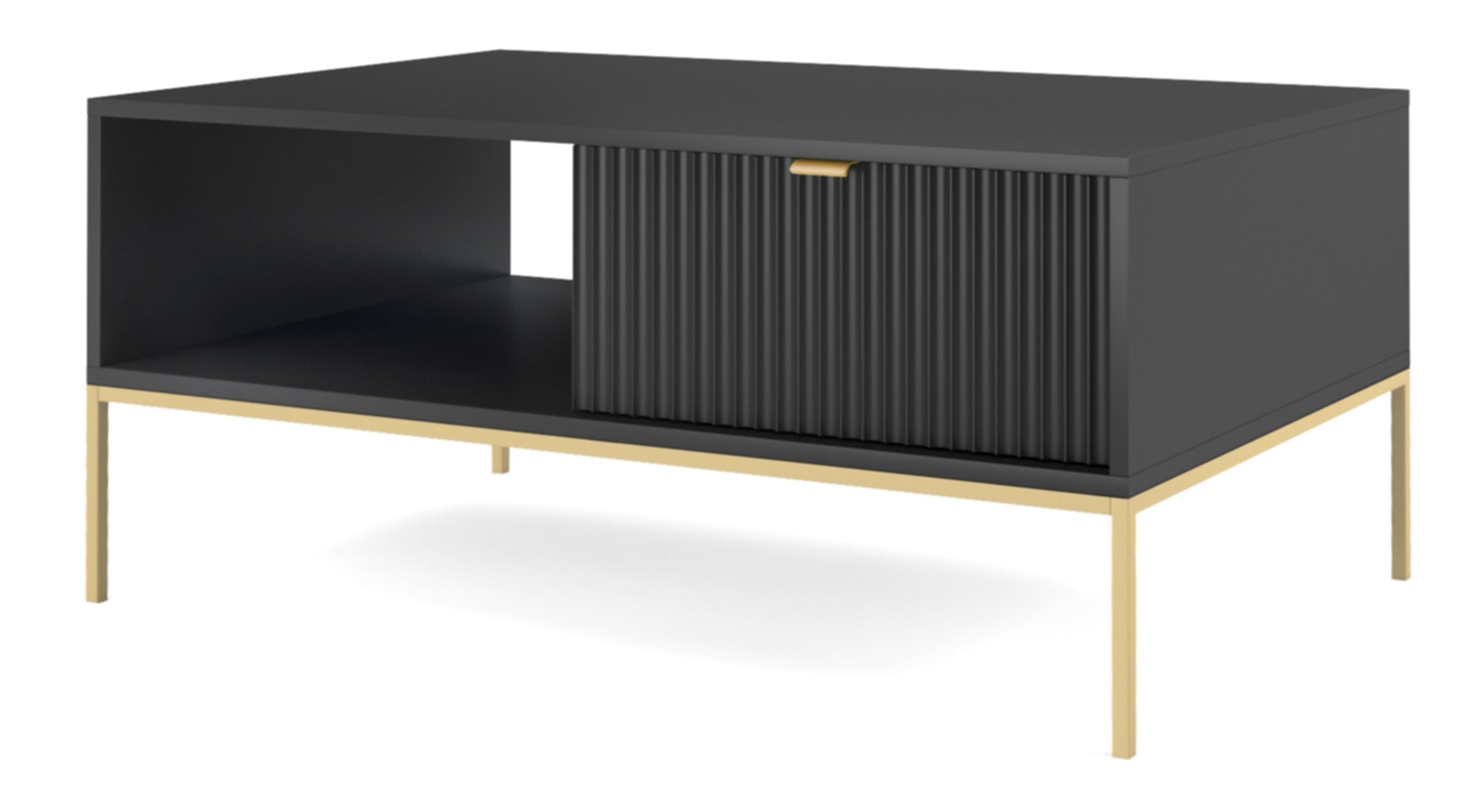 Couchtisch Vellore 104x68 cm schwarz mit geriffelter Front und goldenem Gestell