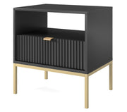 Nachttisch Vellore 54 cm schwarz mit geriffelter Front und goldenem Gestell