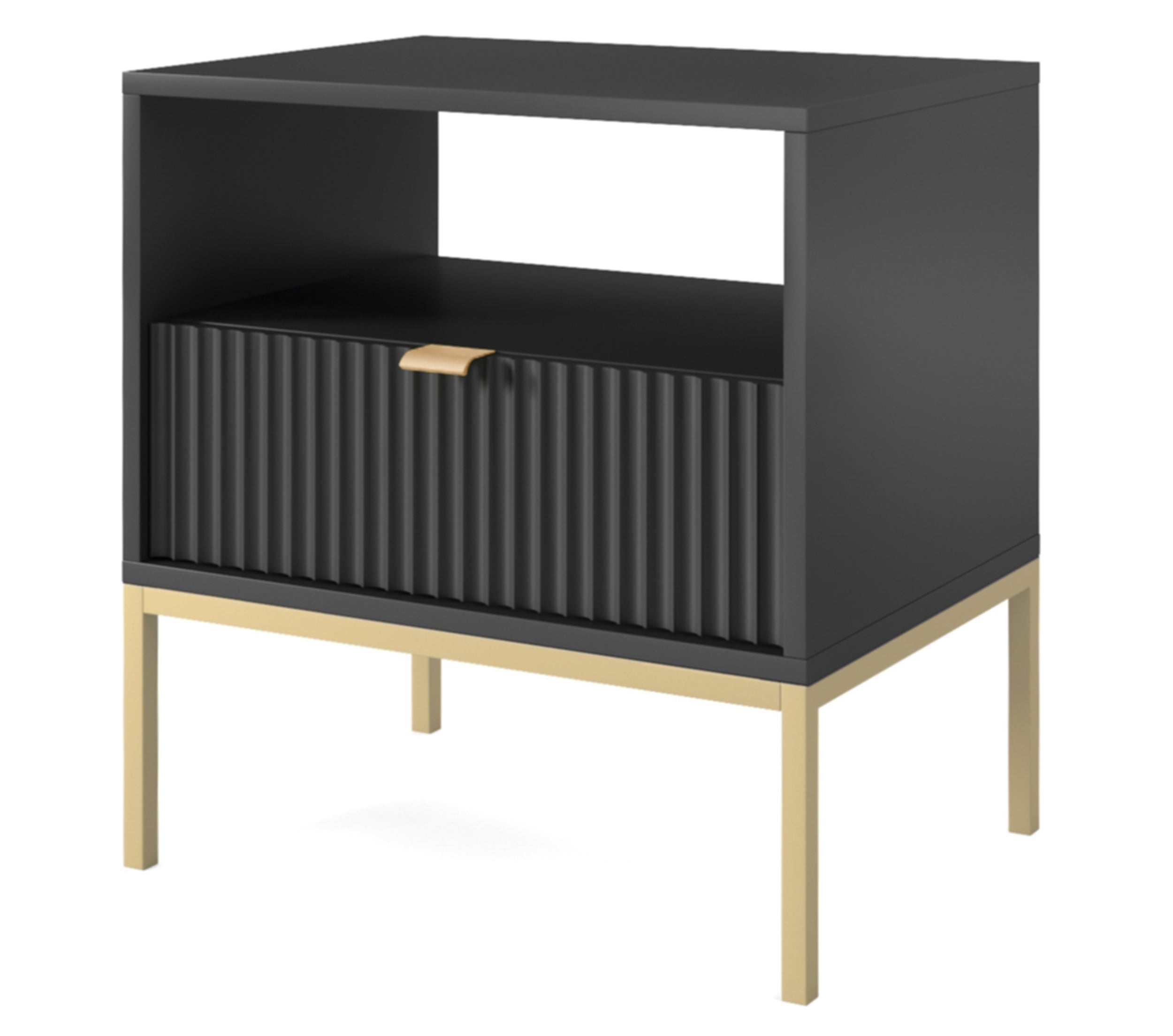 Nachttisch Vellore 54 cm schwarz mit geriffelter Front und goldenem Gestell