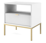 Nachttisch Vellore 54 cm weiß mit geriffelter Front und goldenem Gestell
