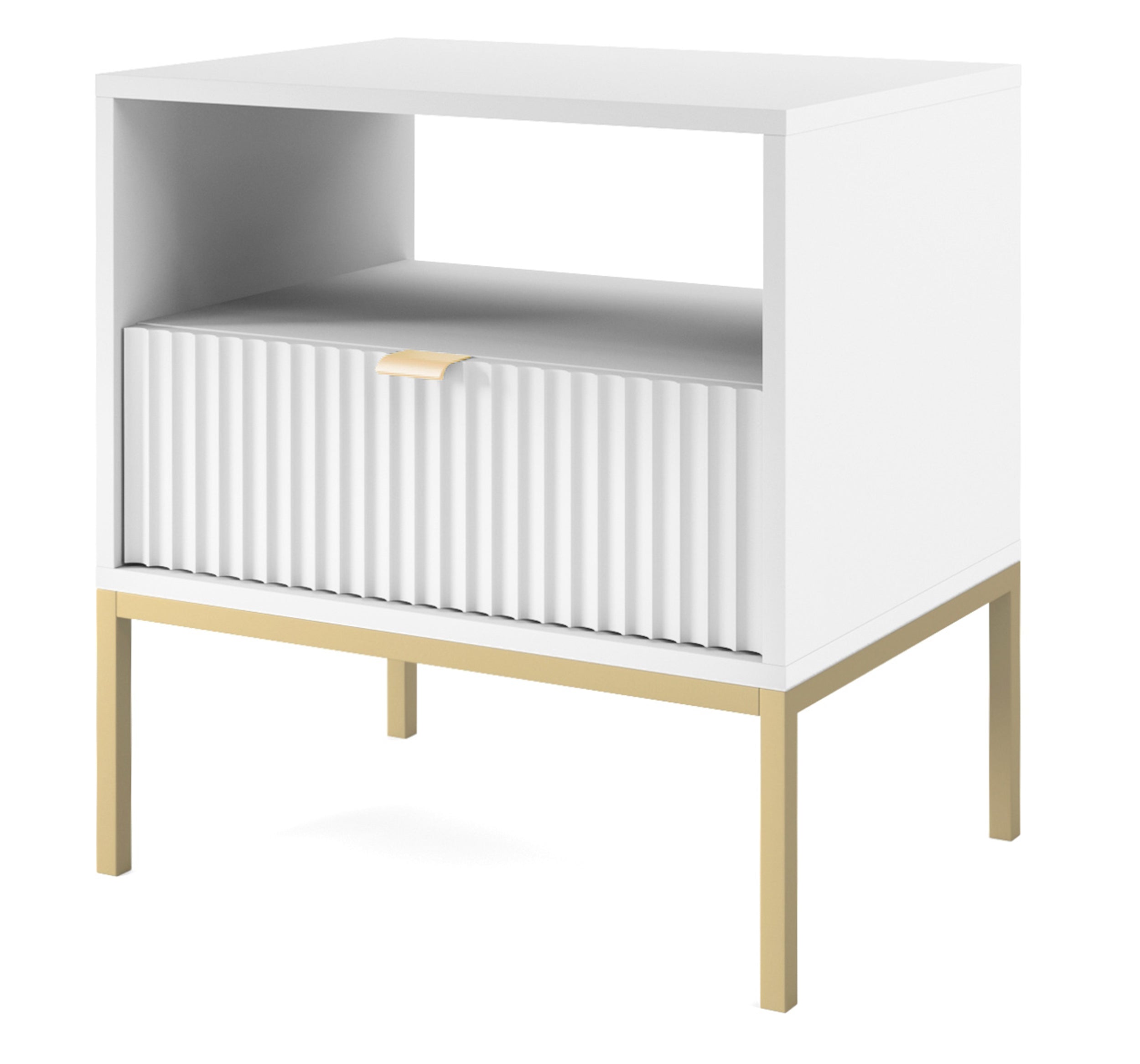 Nachttisch Vellore 54 cm weiß mit geriffelter Front und goldenem Gestell