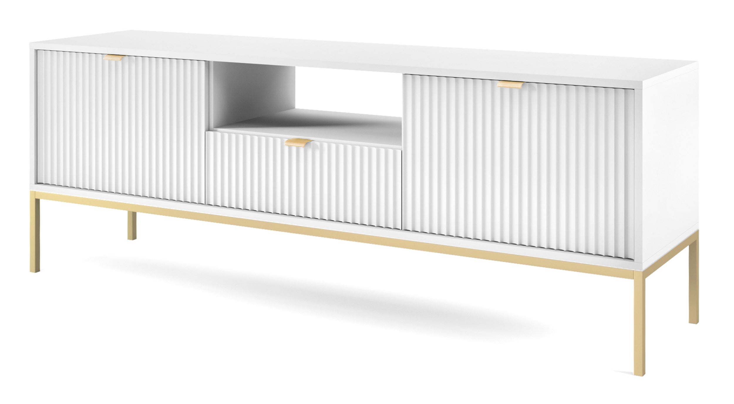 TV-Schrank Vellore 154 cm weiß mit gerillten Fronten und goldenem Gestell