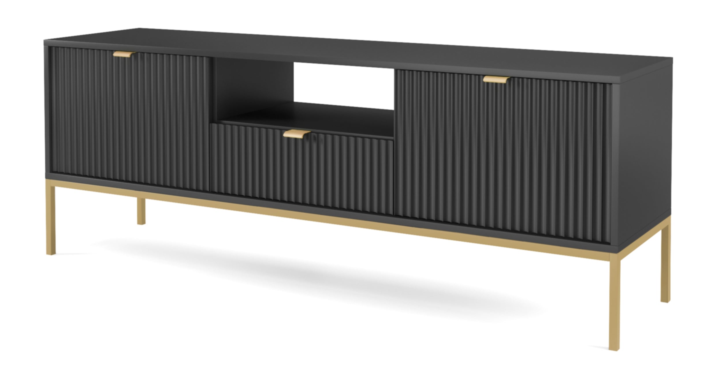 TV-Schrank Vellore 154 cm schwarz mit gerillten Fronten und goldenem Gestell