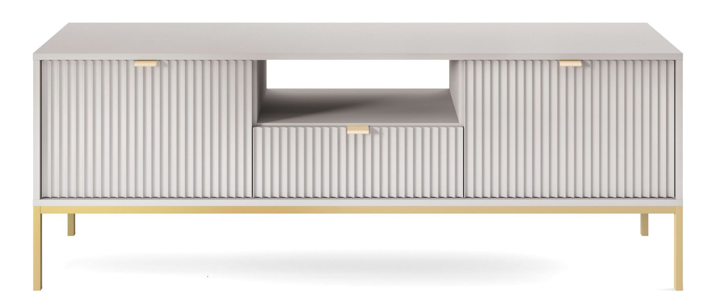 TV-Schrank Vellore 154 cm grau mit gerillten Fronten und goldenem Gestell