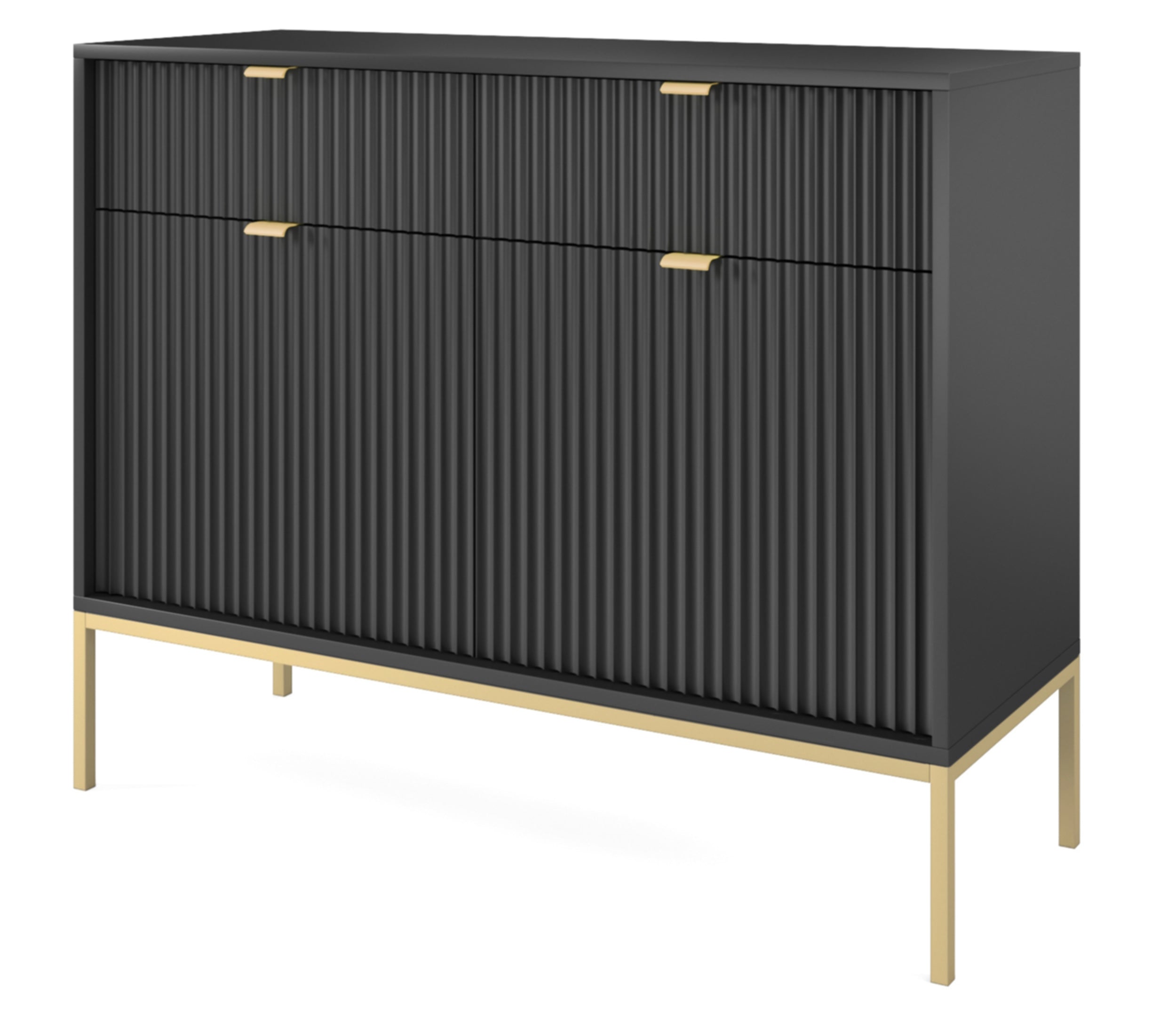 Zweiturige Kommode Vellore 104 cm schwarz mit gerillten Fronten und goldenem Gestell
