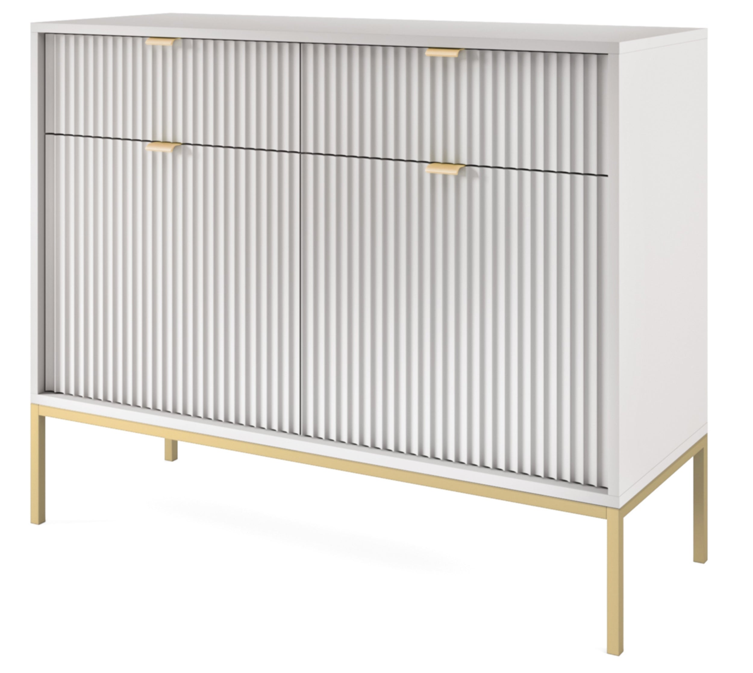 Zweittürige Kommode Vellore 104 cm grau mit gerillten Fronten und goldenem Gestell