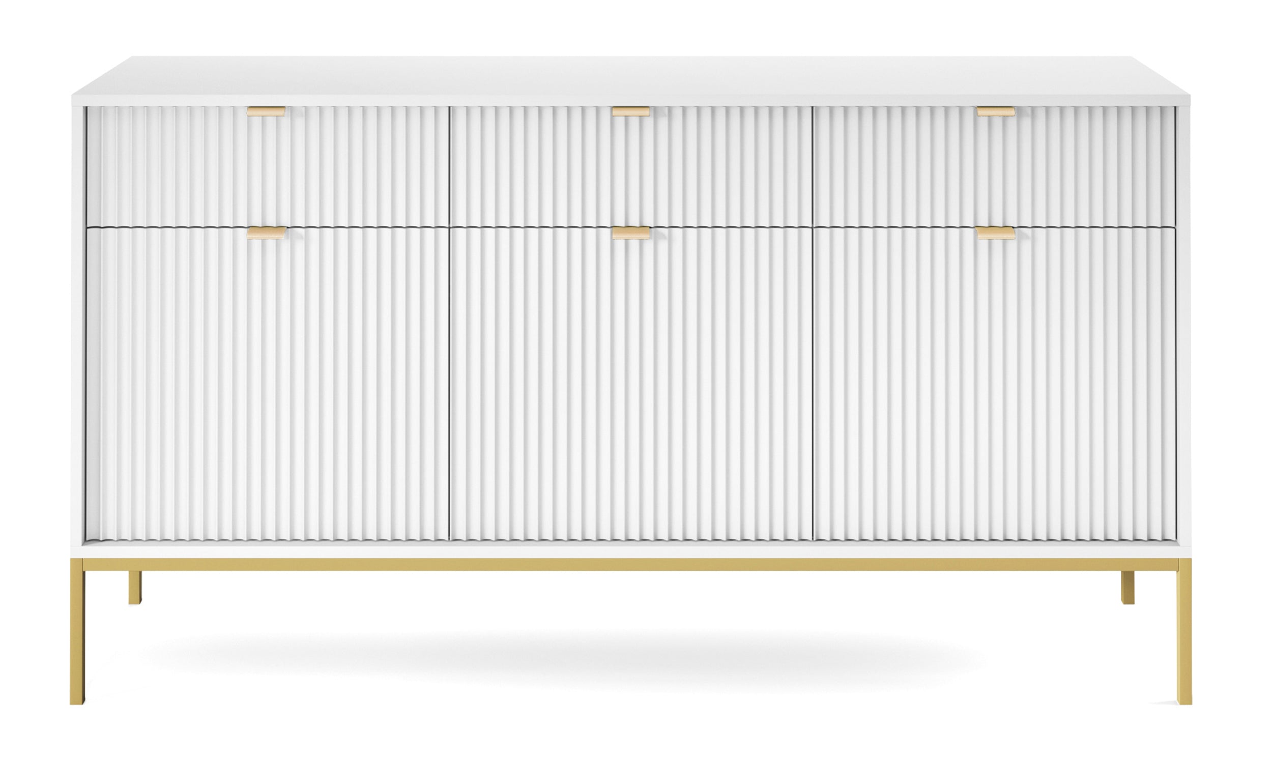 Drehtür-Kommode Vellore 154 cm weiß mit gerillten Fronten und goldenem Gestell