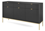 Drehtür-Kommode Vellore 154 cm schwarz mit gerillten Fronten und goldenem Gestell