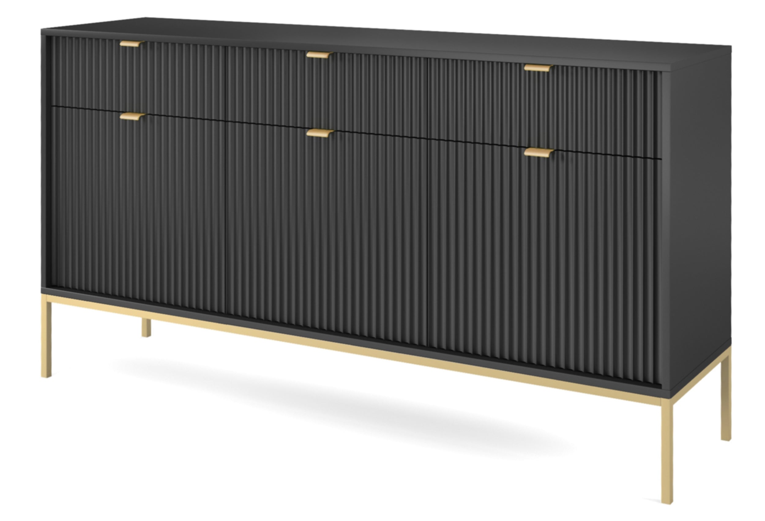 Drehtür-Kommode Vellore 154 cm schwarz mit gerillten Fronten und goldenem Gestell