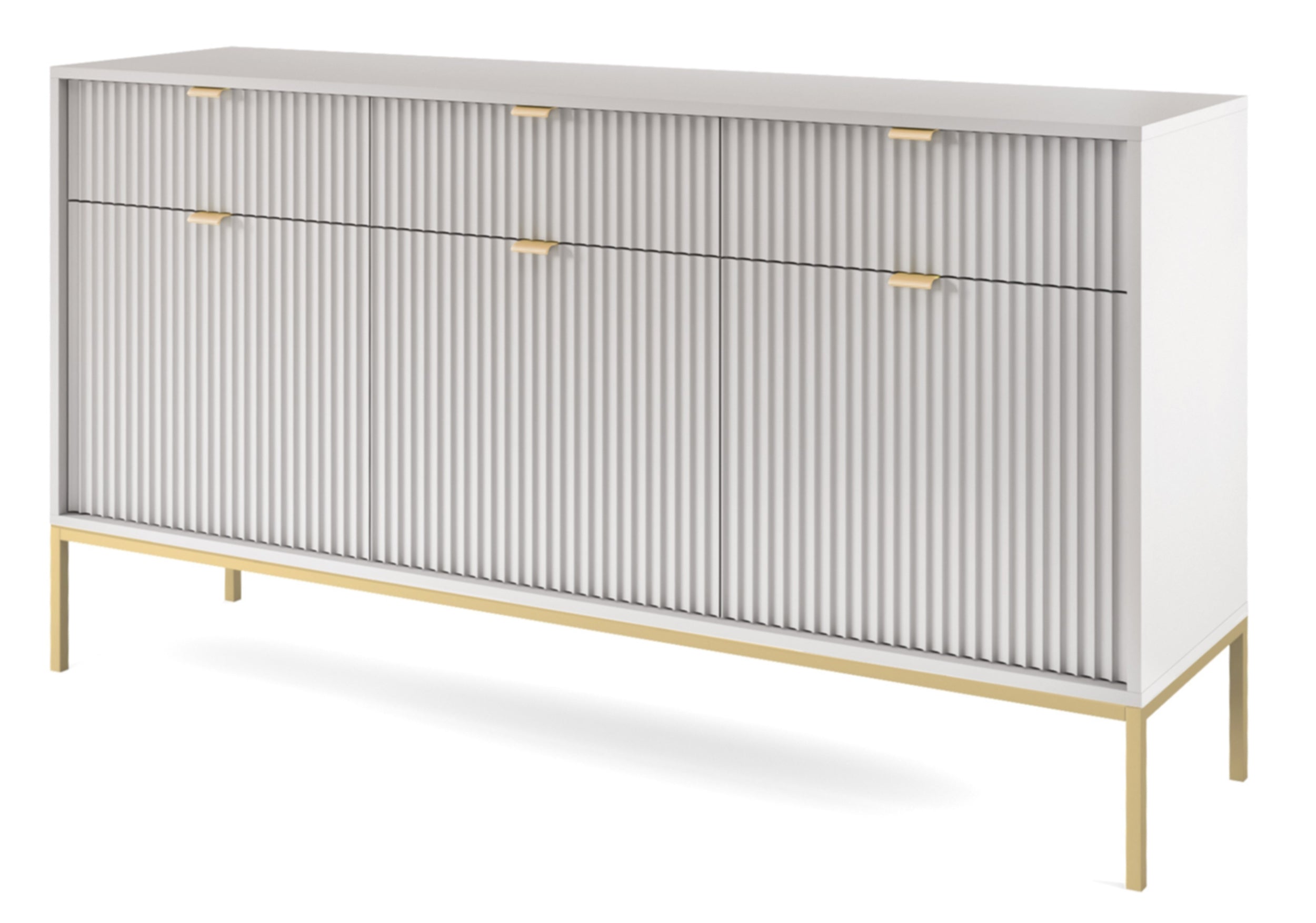 Drehtür-Kommode Vellore 154 cm grau mit gerillten Fronten und goldenem Gestell