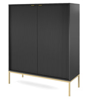 Hohe Kommode Vellore schwarz mit gerillten Fronten und goldenem Gestell