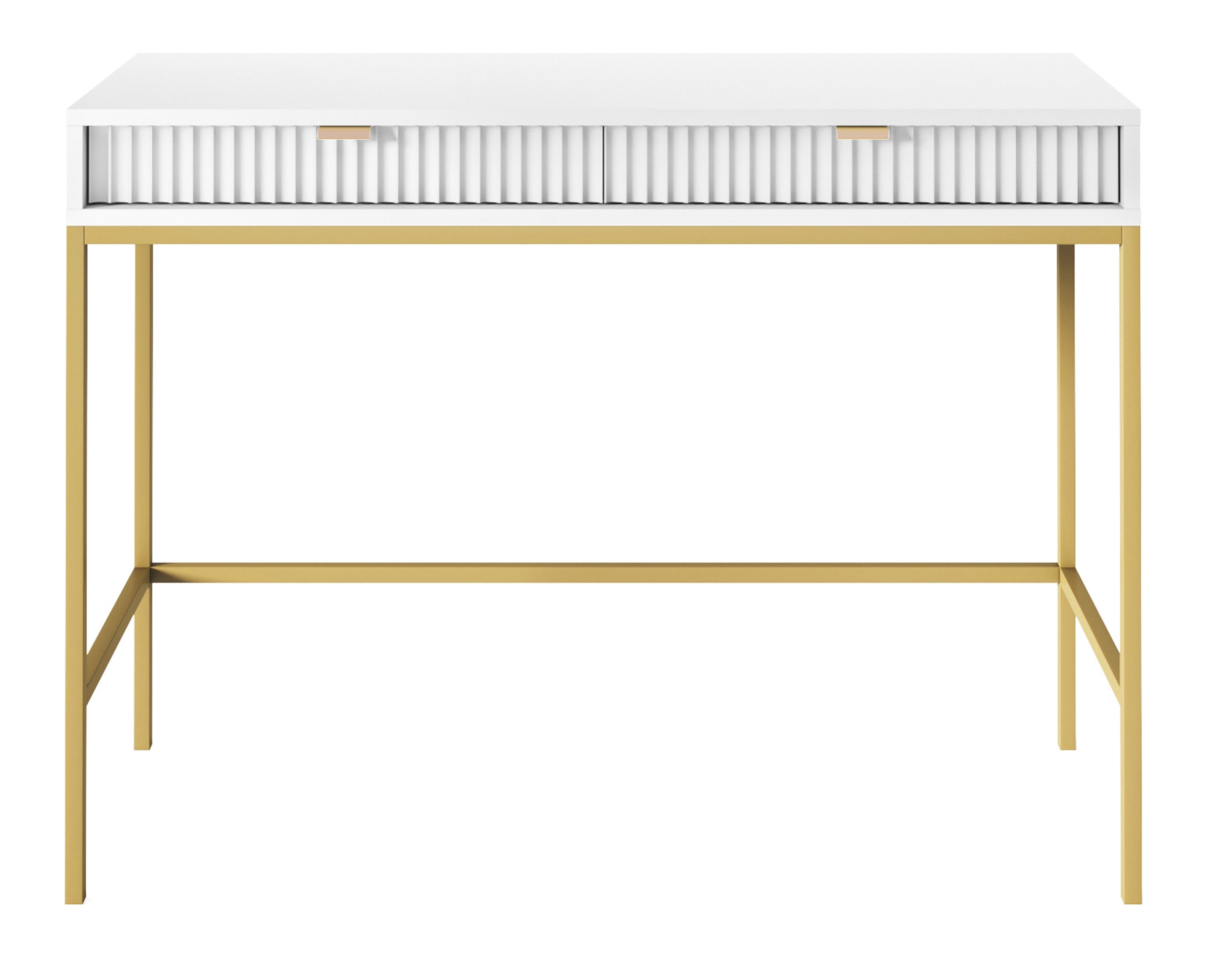 Schminktisch Vellore 104 cm weiß mit gerillten Fronten und goldenem Gestell