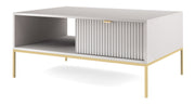 Couchtisch Vellore 104x68 cm grau mit geriffelter Front und goldenem Gestell