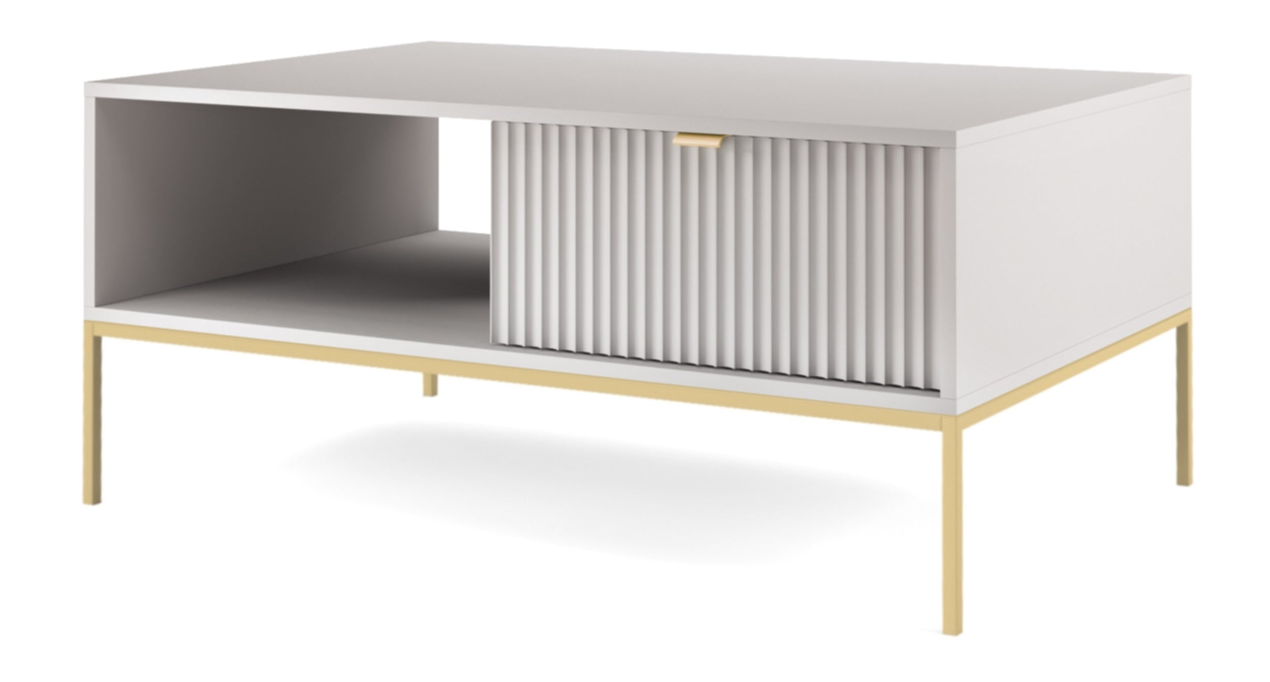 Couchtisch Vellore 104x68 cm grau mit geriffelter Front und goldenem Gestell