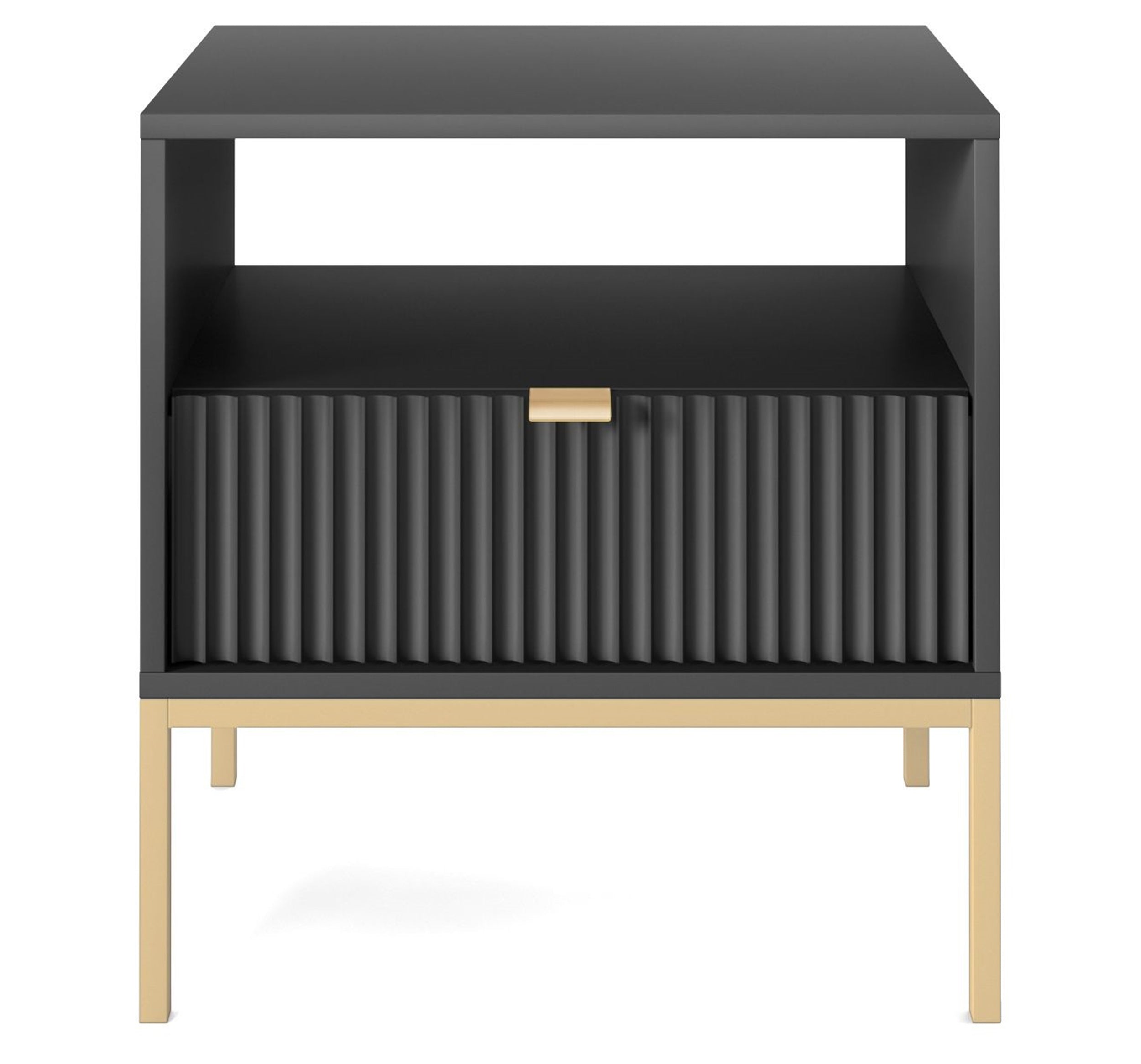 Nachttisch Vellore 54 cm schwarz mit geriffelter Front und goldenem Gestell