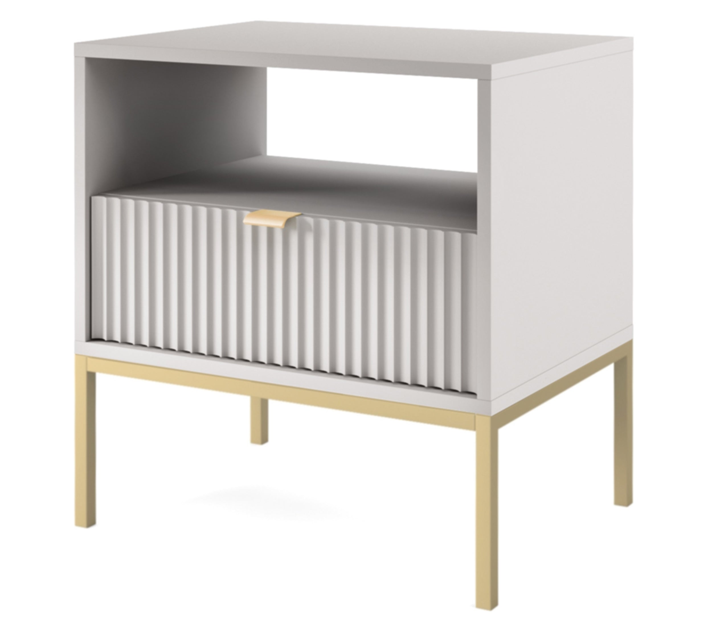 Nachttisch Vellore 54 cm grau mit gerillter Front und goldenem Gestell