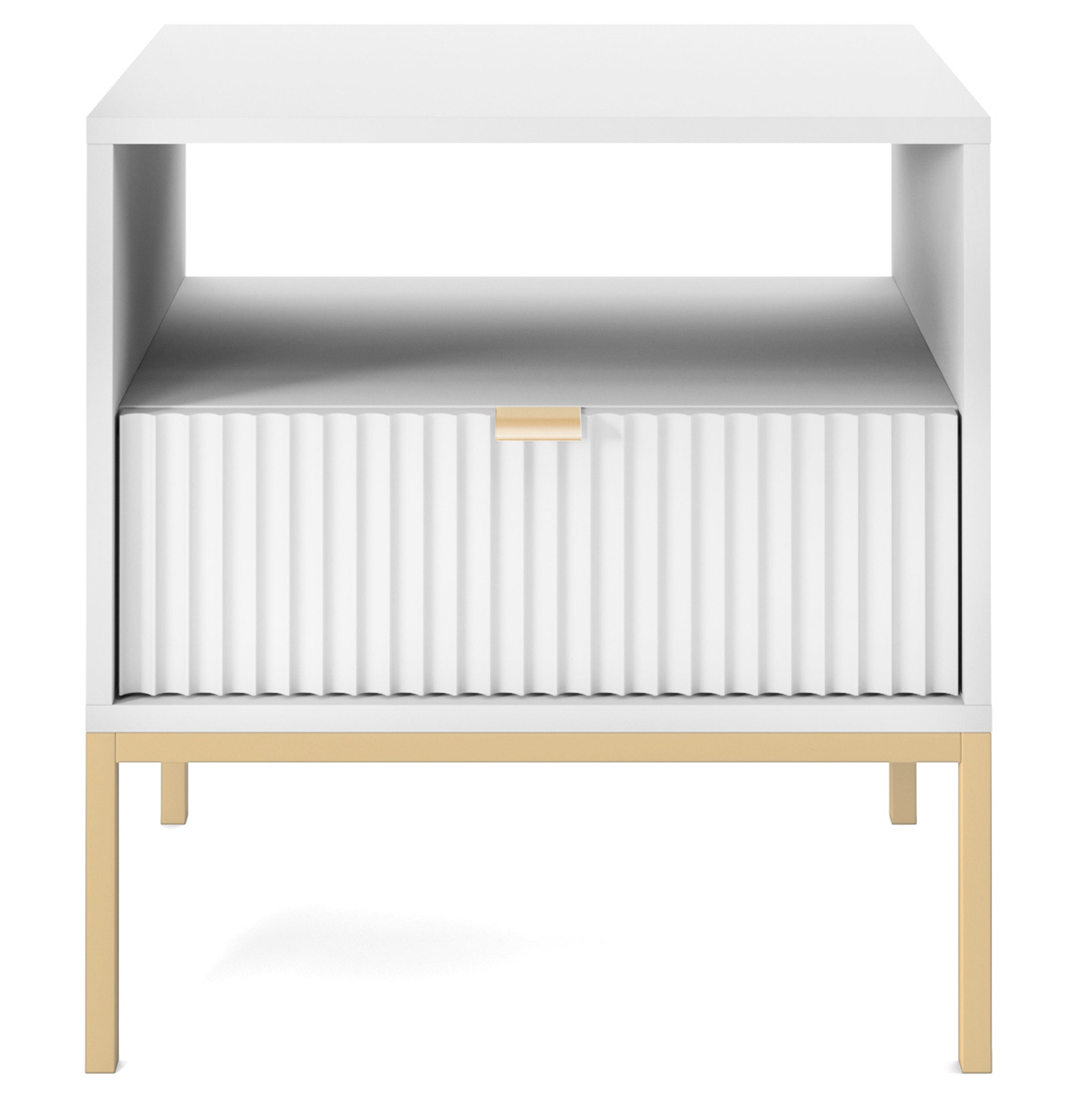 Nachttisch Vellore 54 cm weiß mit geriffelter Front und goldenem Gestell