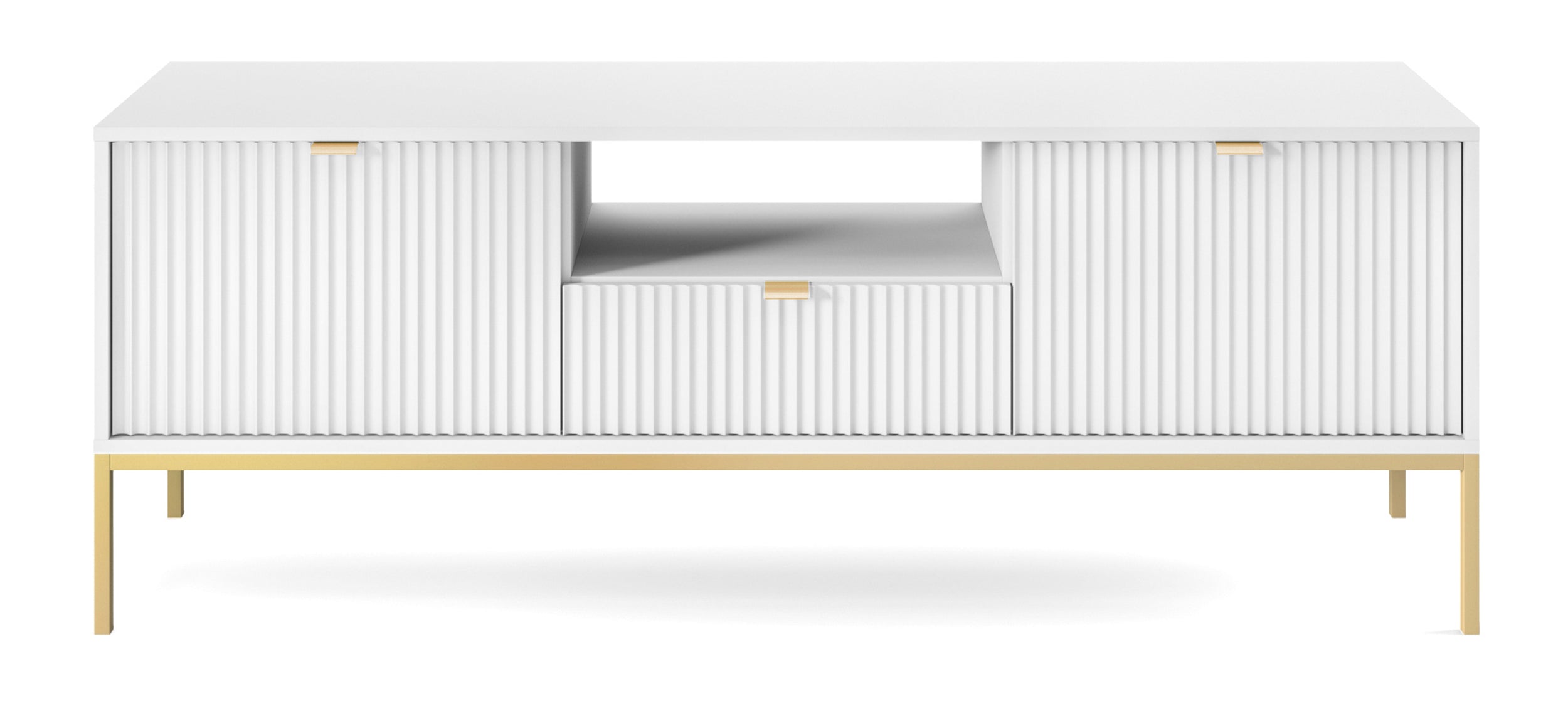 TV-Schrank Vellore 154 cm weiß mit gerillten Fronten und goldenem Gestell
