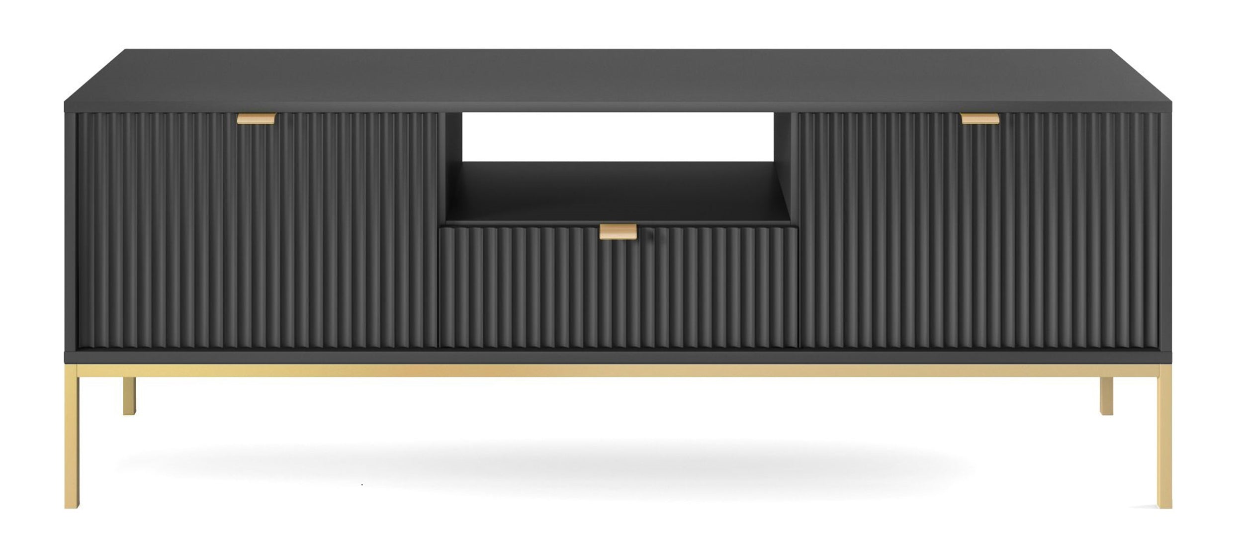 TV-Schrank Vellore 154 cm schwarz mit gerillten Fronten und goldenem Gestell