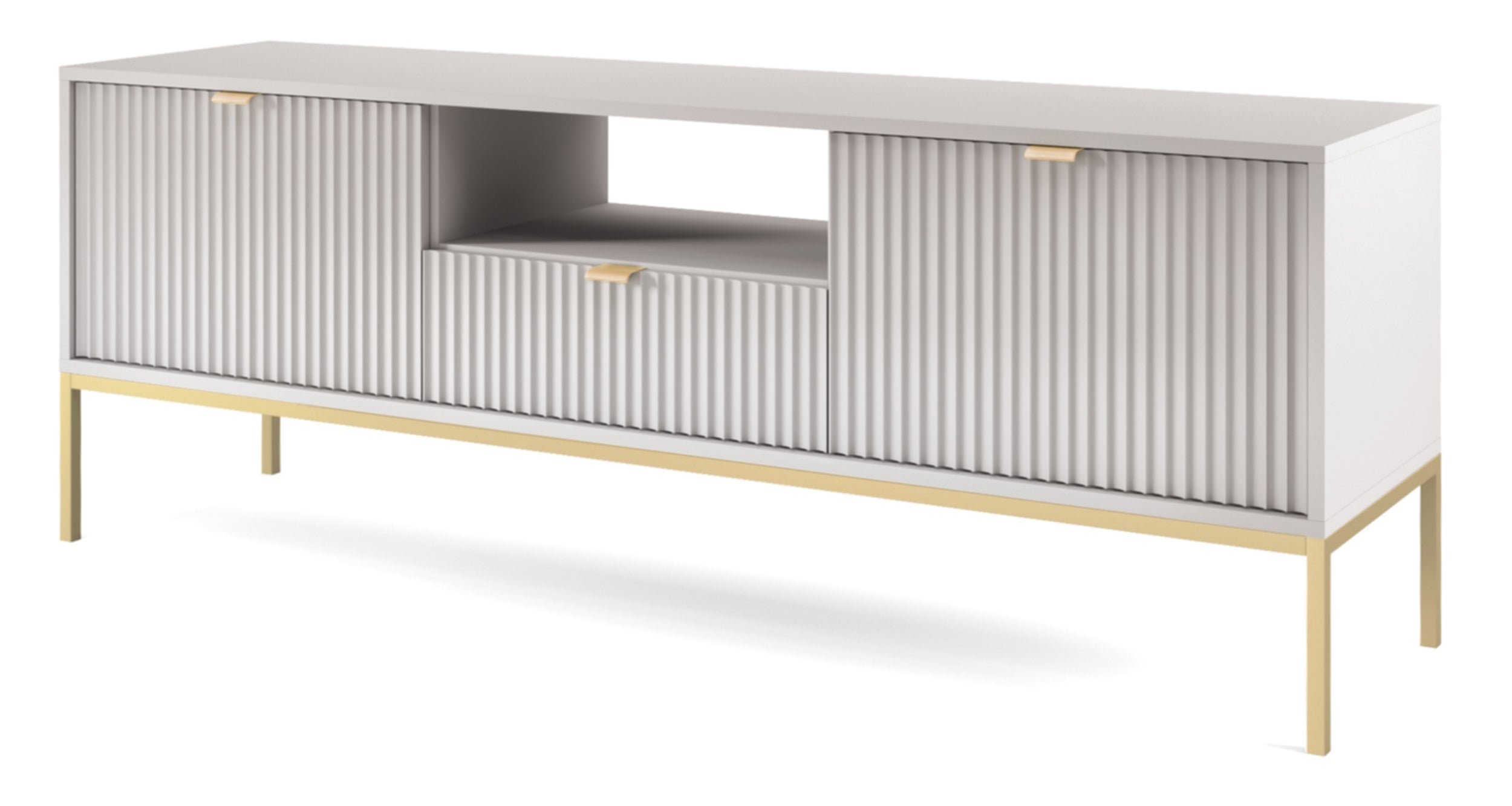TV-Schrank Vellore 154 cm grau mit gerillten Fronten und goldenem Gestell