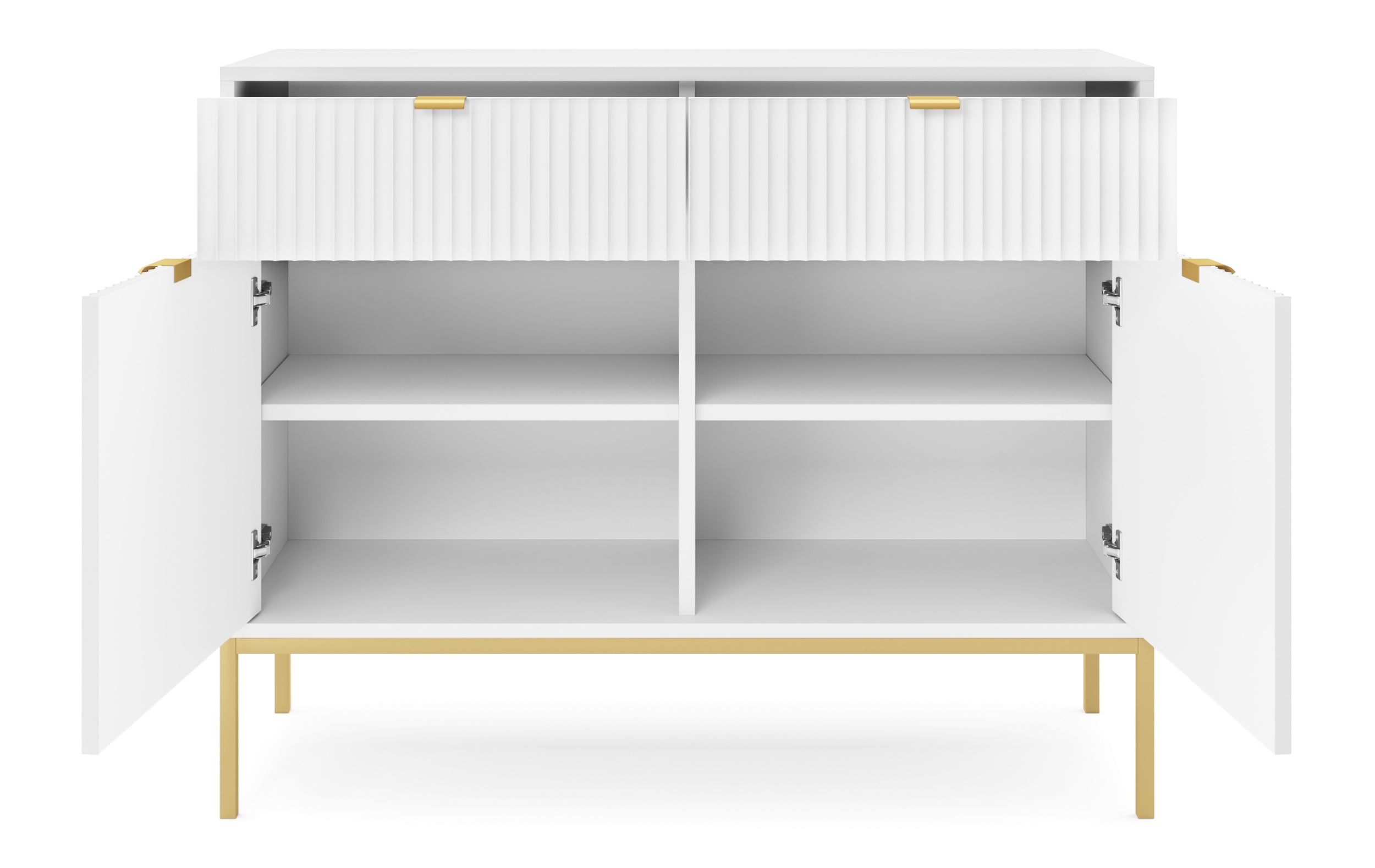 Zweiturige Kommode Vellore 104 cm weiß mit gerillten Fronten und goldenem Gestell