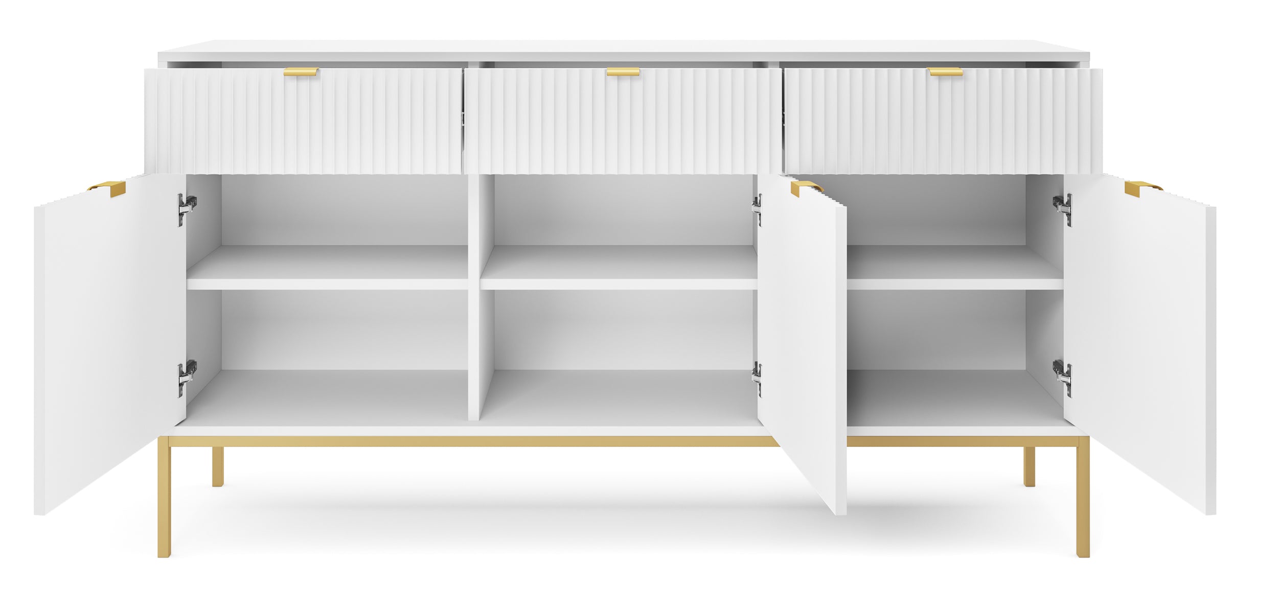 Drehtür-Kommode Vellore 154 cm weiß mit gerillten Fronten und goldenem Gestell