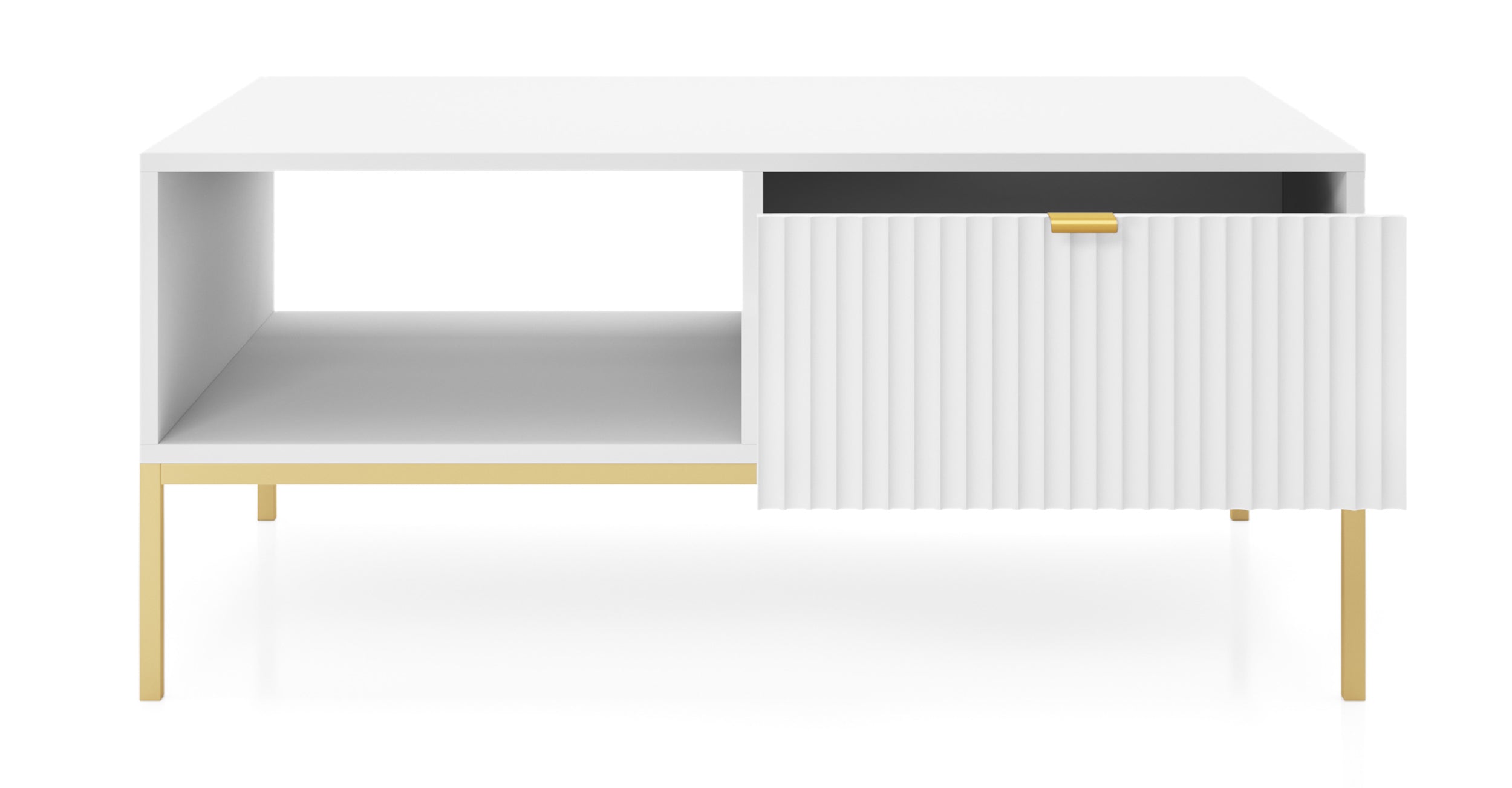 Kaffeetisch Vellore 104x68 cm weiß mit geriffelter Front und goldenem Gestell